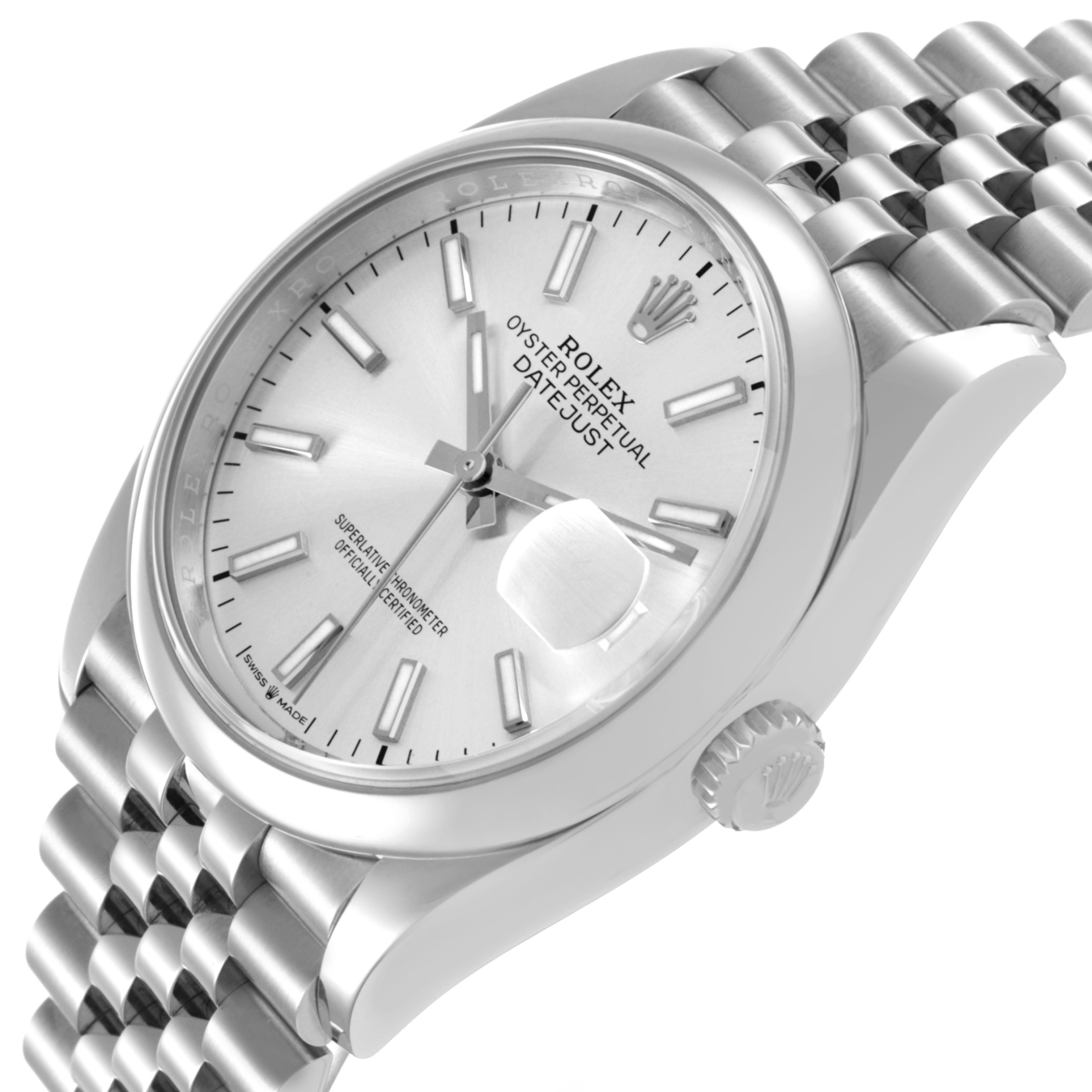 The Rolex Datejust 126200 Men's Stainless Steel Silver Dial watch is shown at an angled view highlighting the dial, bezel, crown, and part of the bracelet.