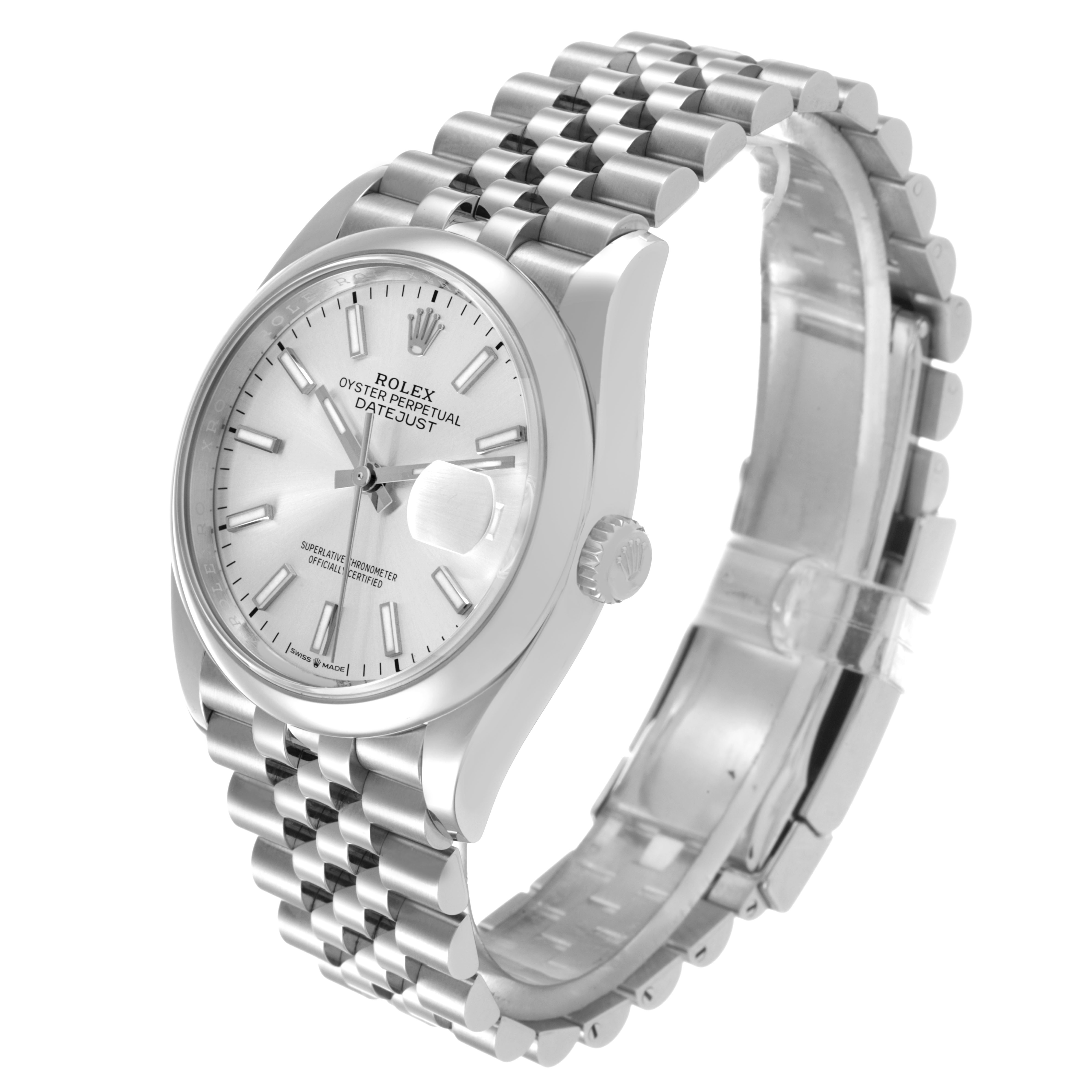 The Rolex Datejust 126200 Men's Stainless Steel Silver Dial watch is shown at a front angle, displaying the dial, bezel, crown, and bracelet links.