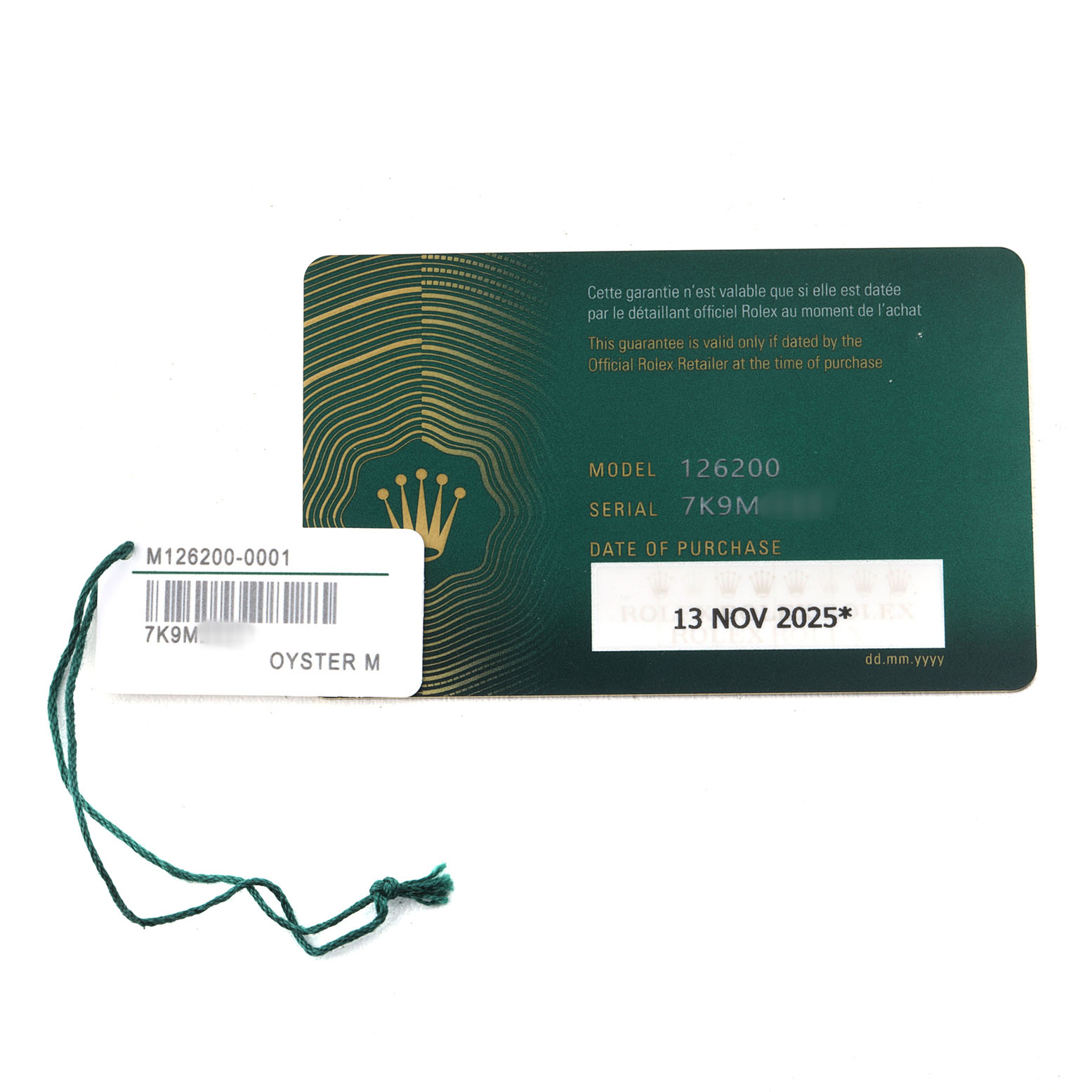 The image shows a warranty card and tag for the Rolex Datejust 126200 Men's Stainless Steel Silver Dial model, with model number 126200 and serial details.