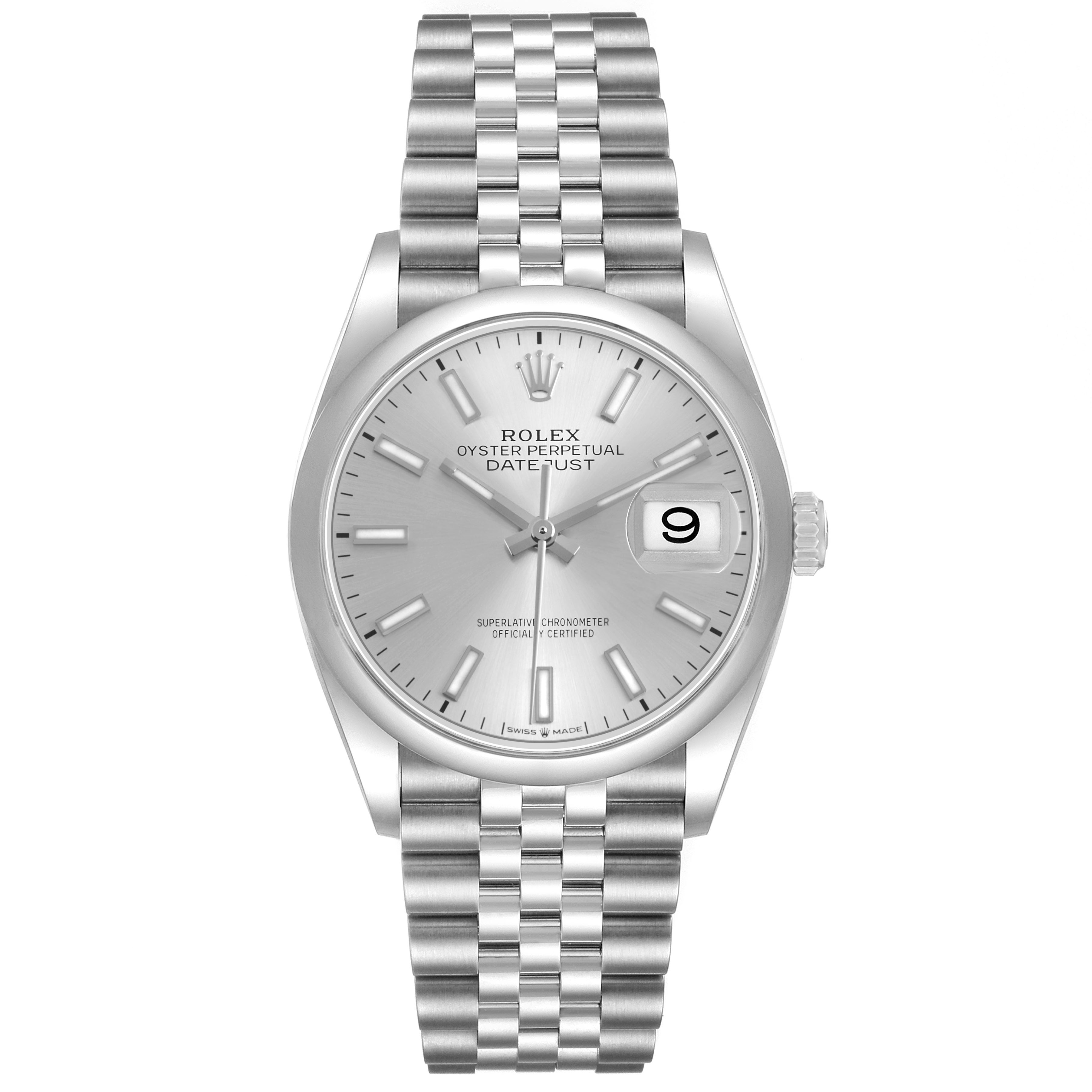 The Rolex Datejust 126200 Men's Stainless Steel Silver Dial watch is shown from the front, displaying the dial, hands, date window, and Jubilee bracelet.