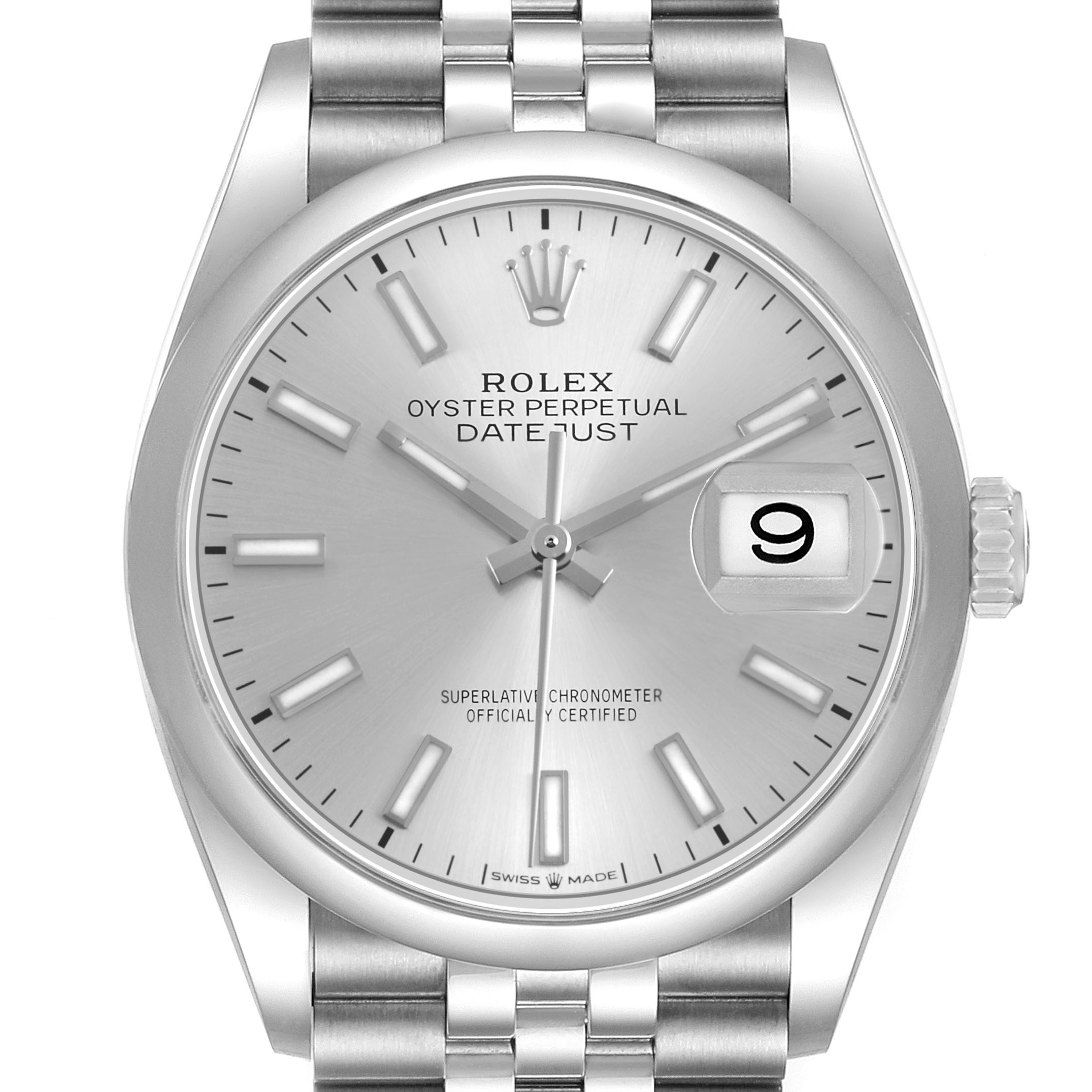 The Rolex Datejust 126200 Men's Stainless Steel Silver Dial watch is shown from a front angle, featuring the dial, hands, bezel, crown, and bracelet.