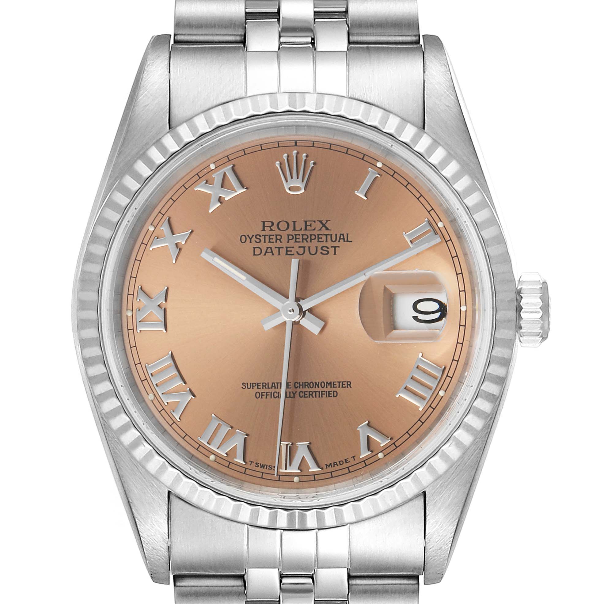 The Rolex Datejust 16234 Men's Steel and Gold (two tone) Pink Dial 16234 Men's Steel and Gold (two tone) Pink Dial watch is shown from a top-down angle, highlighting the dial, hands, date, bezel, and part of the bracelet.