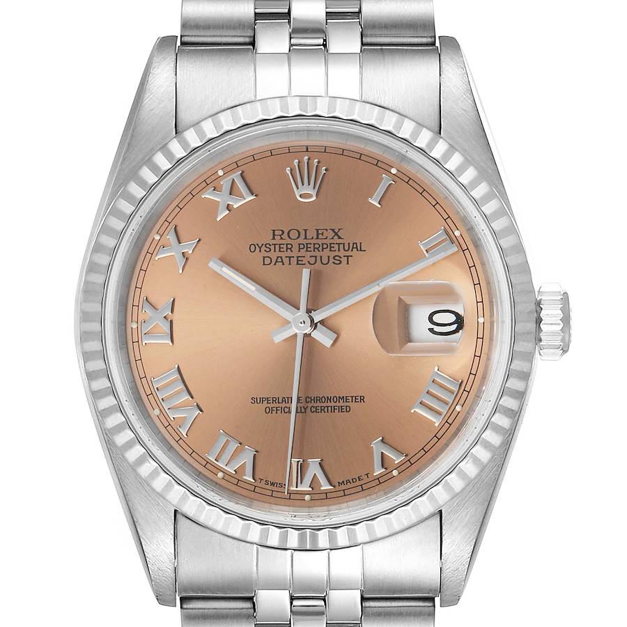 The Rolex Datejust watch is shown from a top-down angle, highlighting the dial, hands, date, bezel, and part of the bracelet.