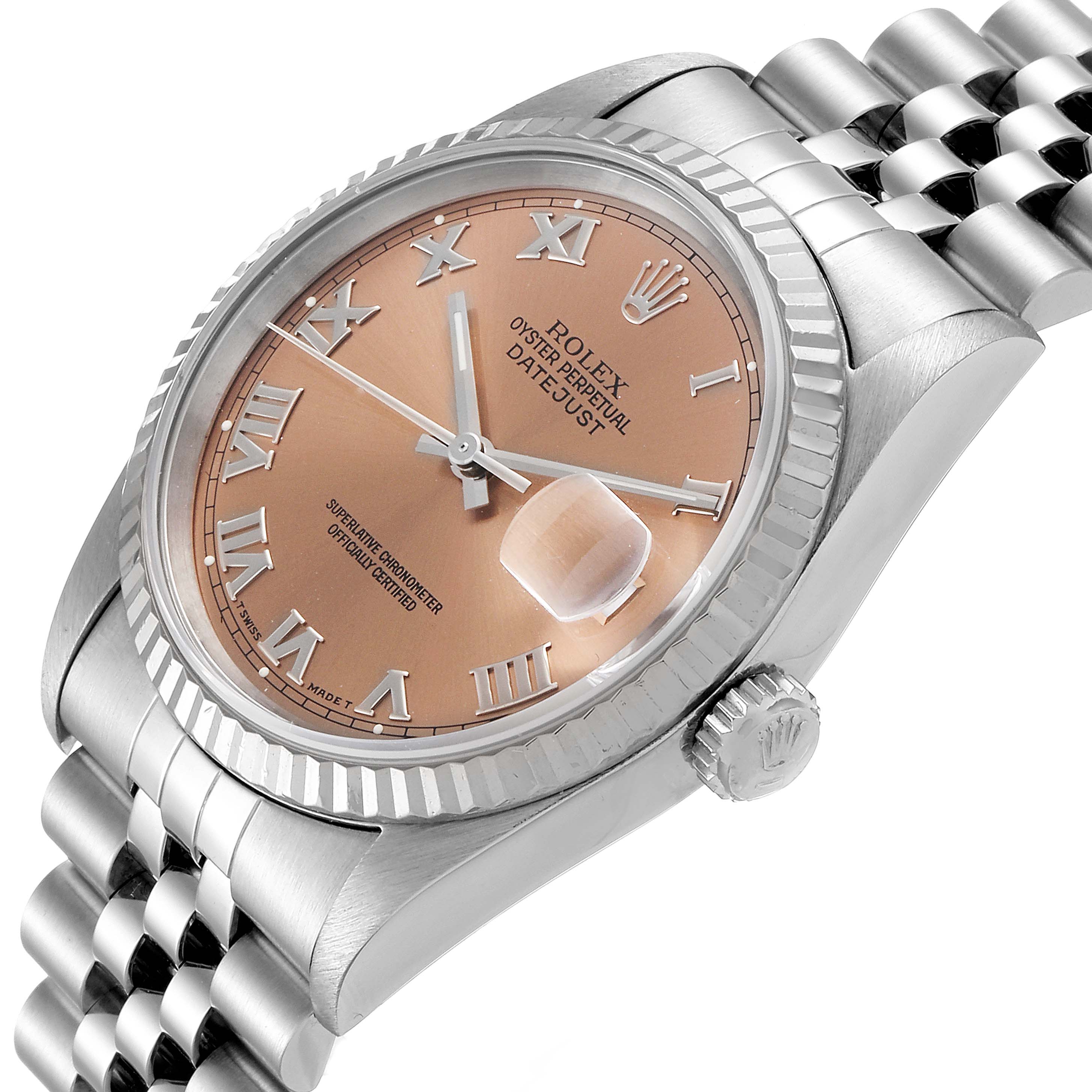 The Rolex Datejust 16234 Men's Steel and Gold (two tone) Pink Dial 16234 Men's Steel and Gold (two tone) Pink Dial watch is shown at an angled view, highlighting the face, bezel, crown, and a partial view of the bracelet.