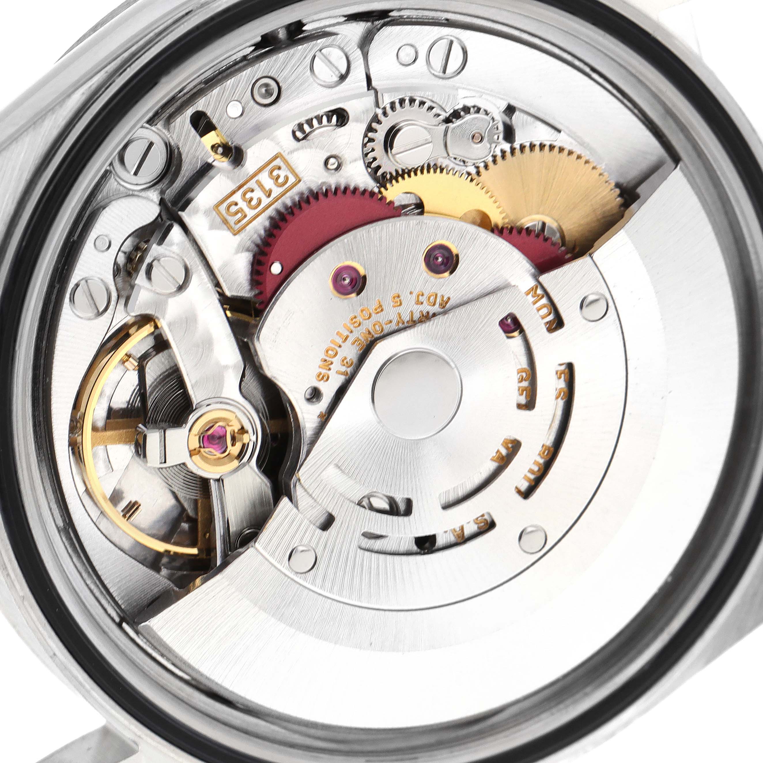 The image shows the movement and internal mechanics of a Rolex Datejust 16234 Men's Steel and Gold (two tone) Pink Dial 16234 Men's Steel and Gold (two tone) Pink Dial watch from a rear angle.