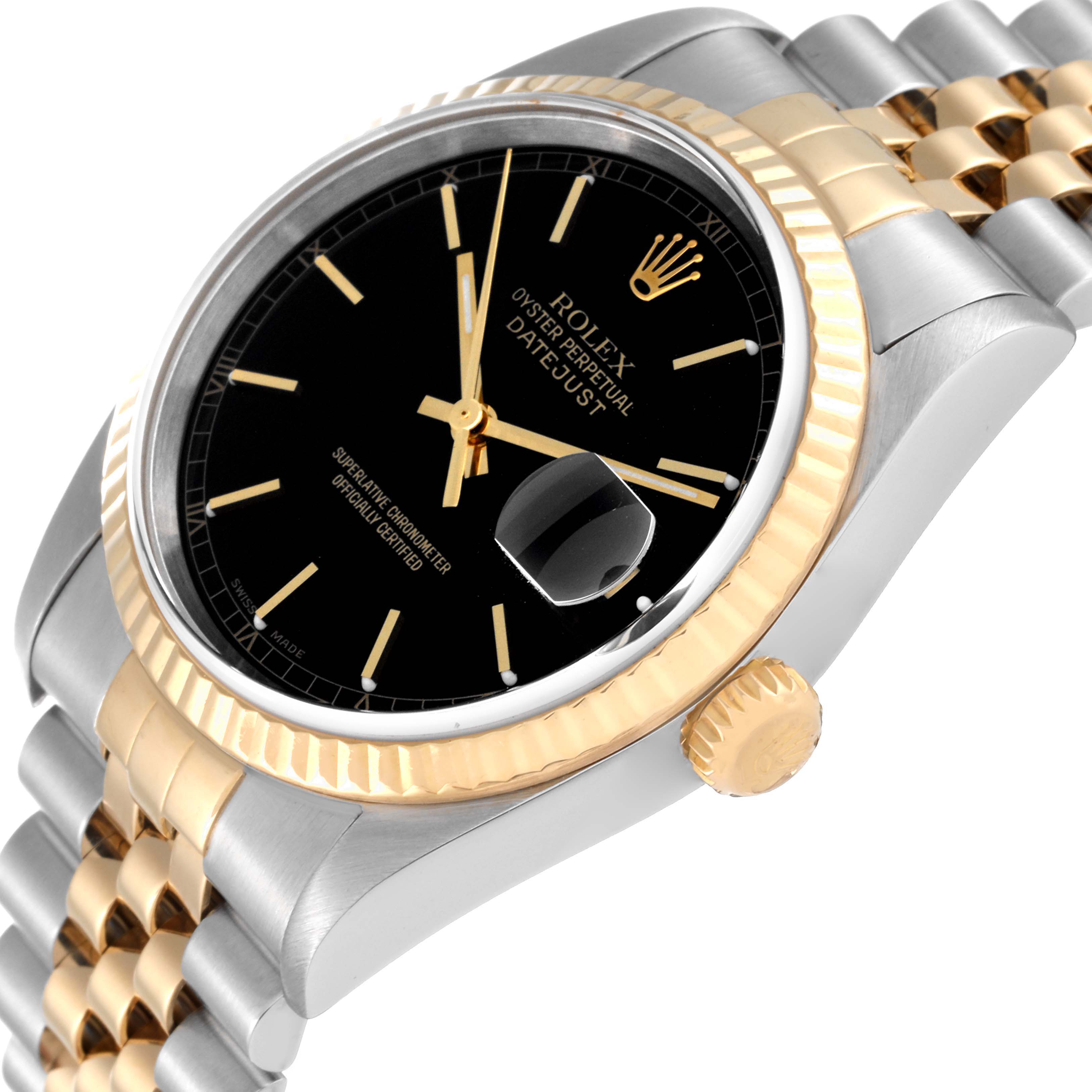 The Rolex Datejust 16233 Men's Steel and Gold (two tone) Black Dial 16233 Men's Steel and Gold (two tone) Black Dial watch is shown at an angle highlighting its black dial, gold fluted bezel, Jubilee bracelet, and crown.