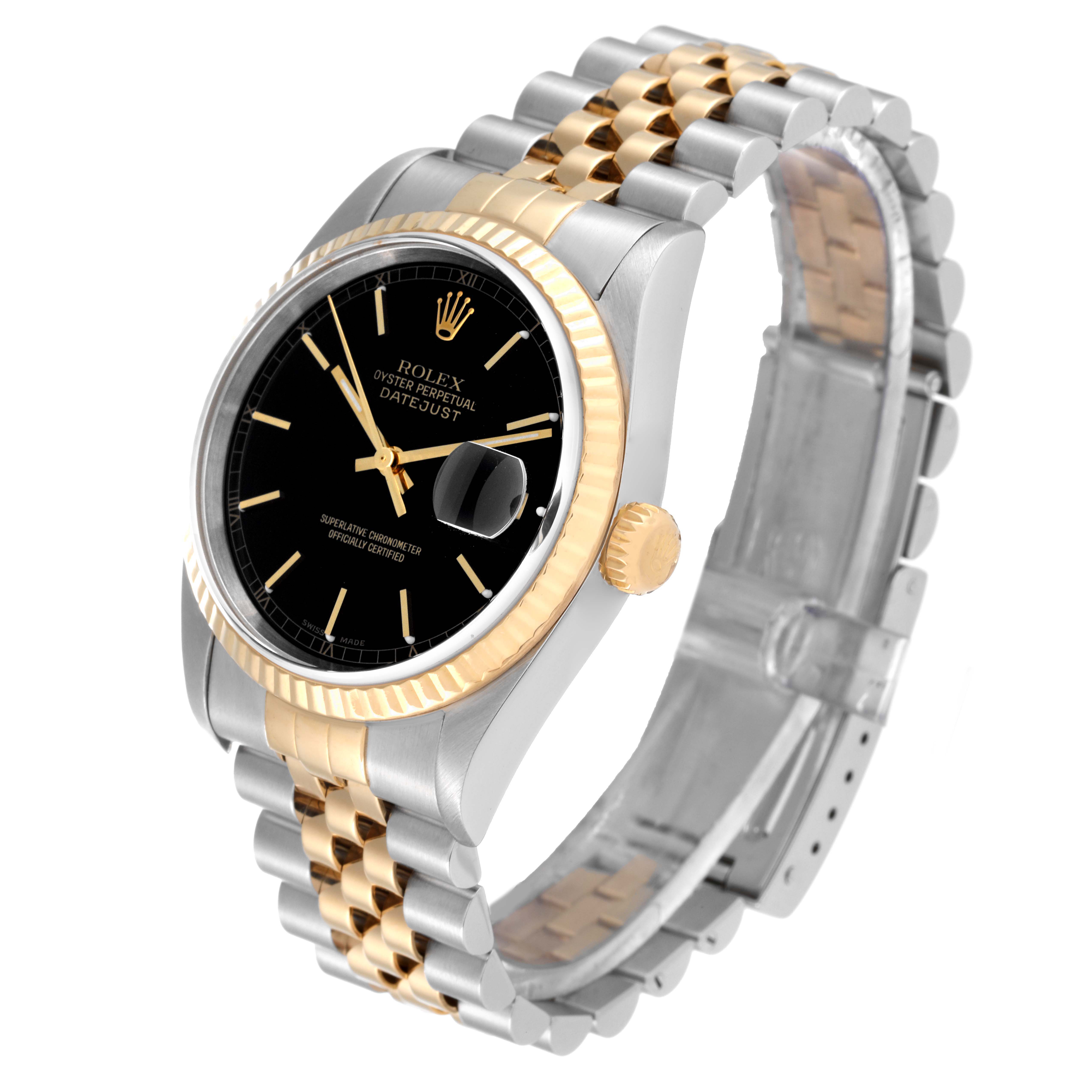 The Rolex Datejust 16233 Men's Steel and Gold (two tone) Black Dial 16233 Men's Steel and Gold (two tone) Black Dial watch is shown at a slight angle, displaying the face, bezel, crown, and part of the bracelet.