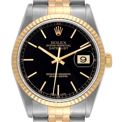 The Rolex Datejust watch is shown from the front, highlighting the dial, bezel, case, and bracelet.