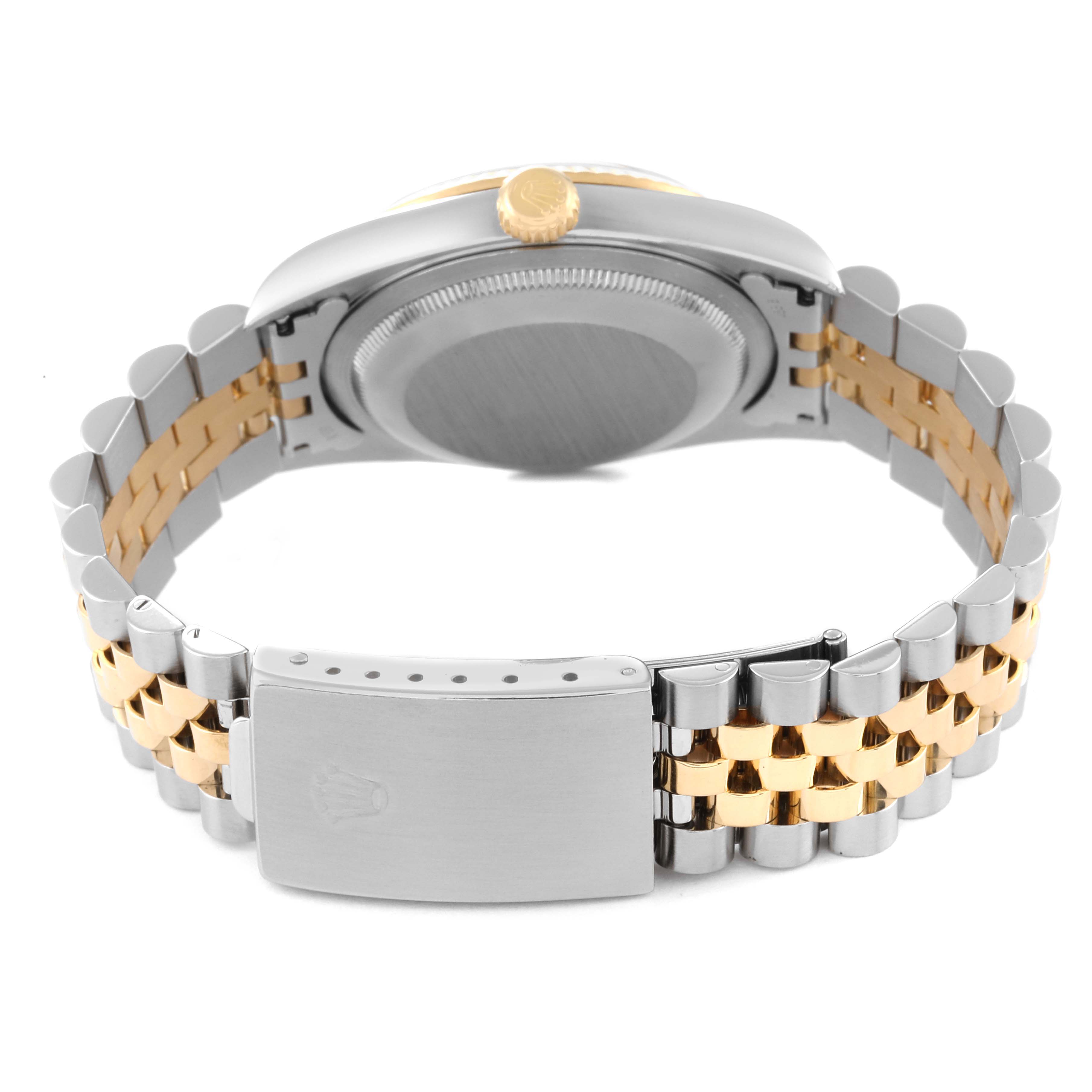 The image shows the back of a Rolex Datejust 16233 Men's Steel and Gold (two tone) Black Dial 16233 Men's Steel and Gold (two tone) Black Dial watch, highlighting the case, two-tone bracelet, and clasp.