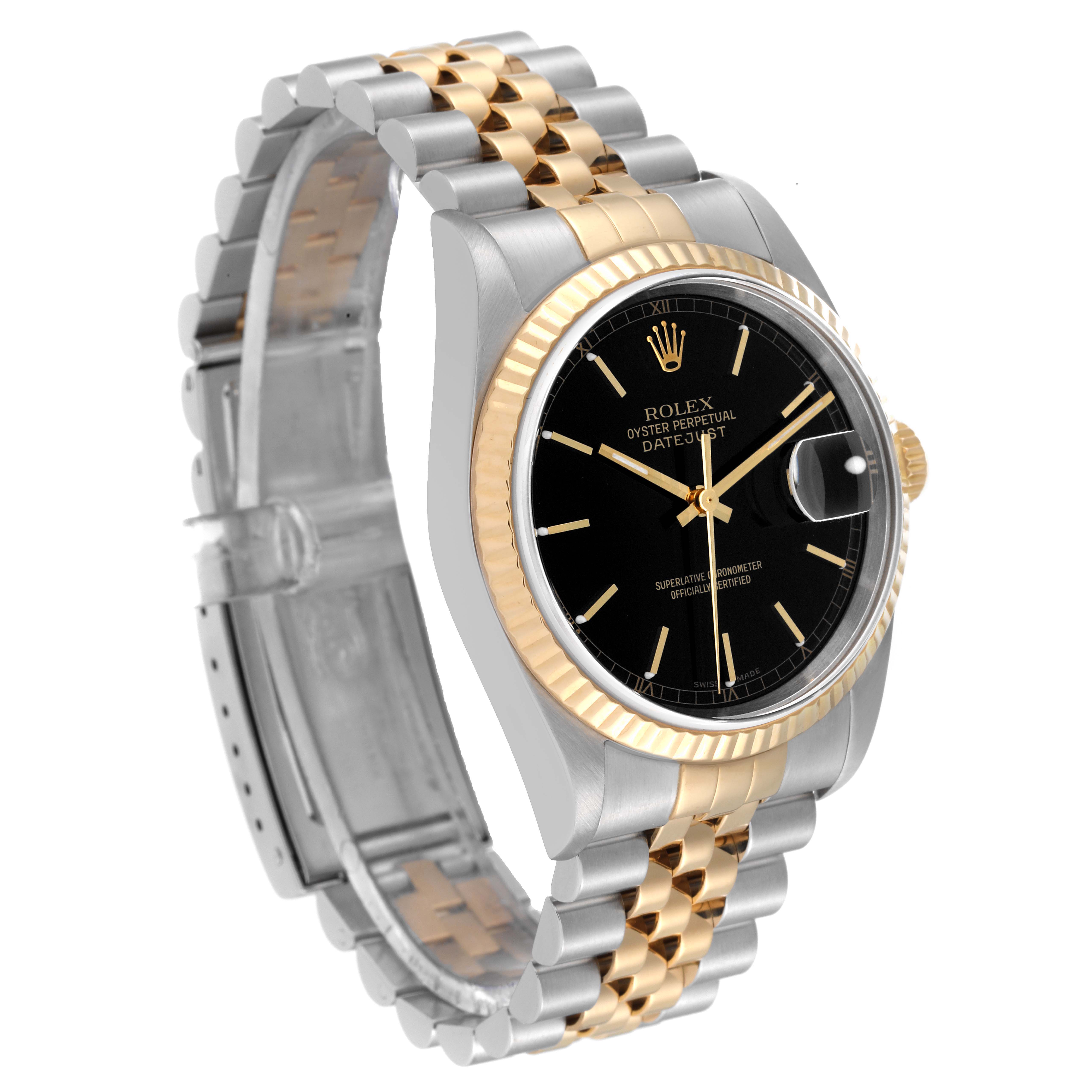 The Rolex Datejust 16233 Men's Steel and Gold (two tone) Black Dial 16233 Men's Steel and Gold (two tone) Black Dial watch is shown at a three-quarter angle, displaying the face, bezel, and two-tone bracelet.