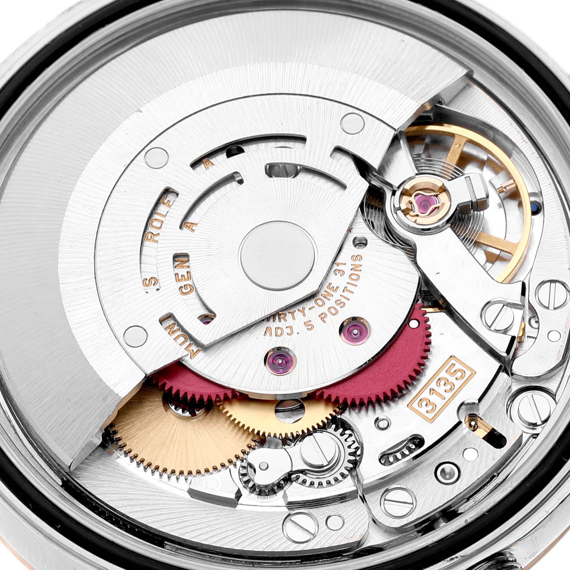 The image shows the intricate internal mechanism of a Rolex Datejust 16233 Men's Steel and Gold (two tone) Black Dial 16233 Men's Steel and Gold (two tone) Black Dial watch from a top-down angle.