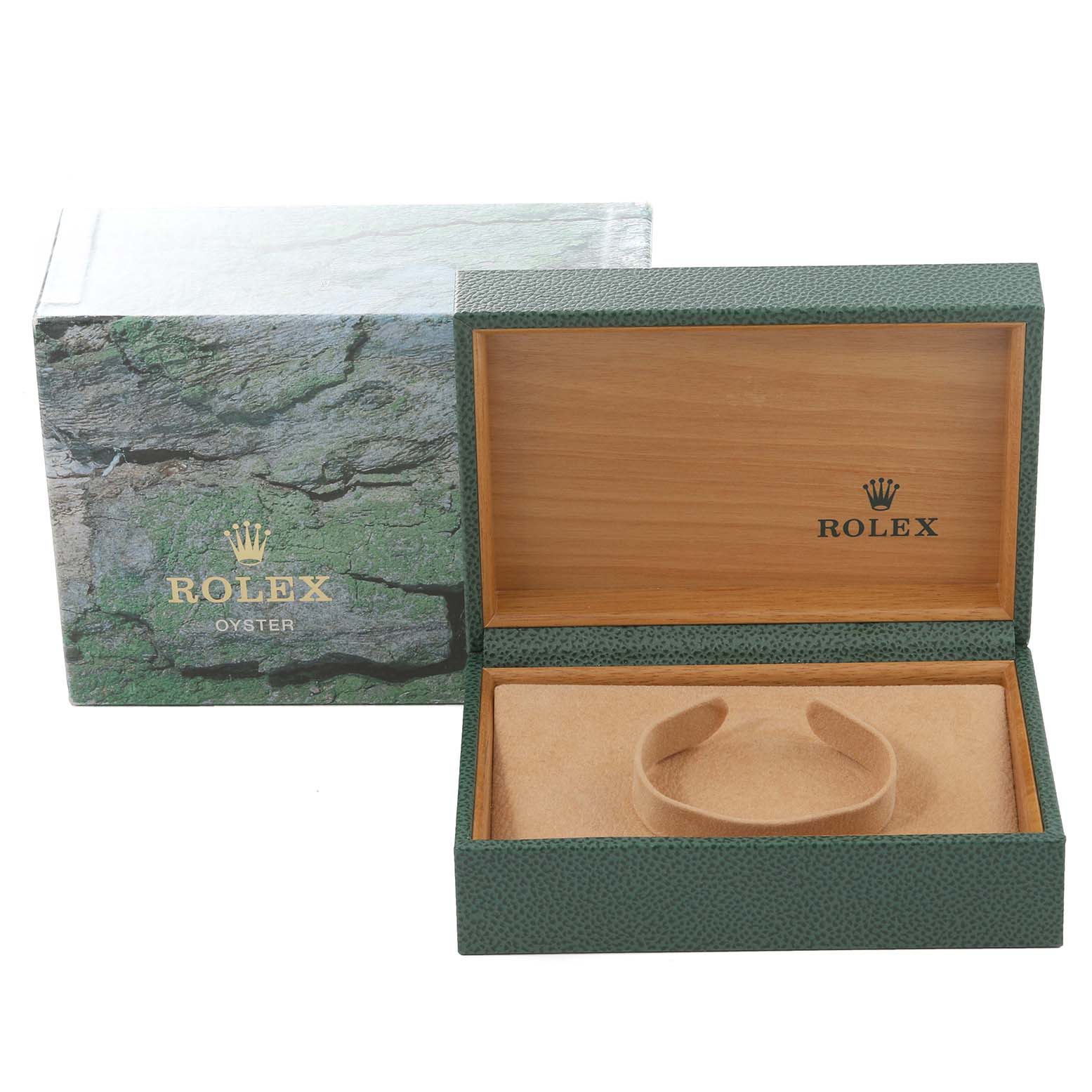 The image shows an open Rolex Datejust 16233 Men's Steel and Gold (two tone) Black Dial 16233 Men's Steel and Gold (two tone) Black Dial watch box with a cushion inside, viewed from the front.