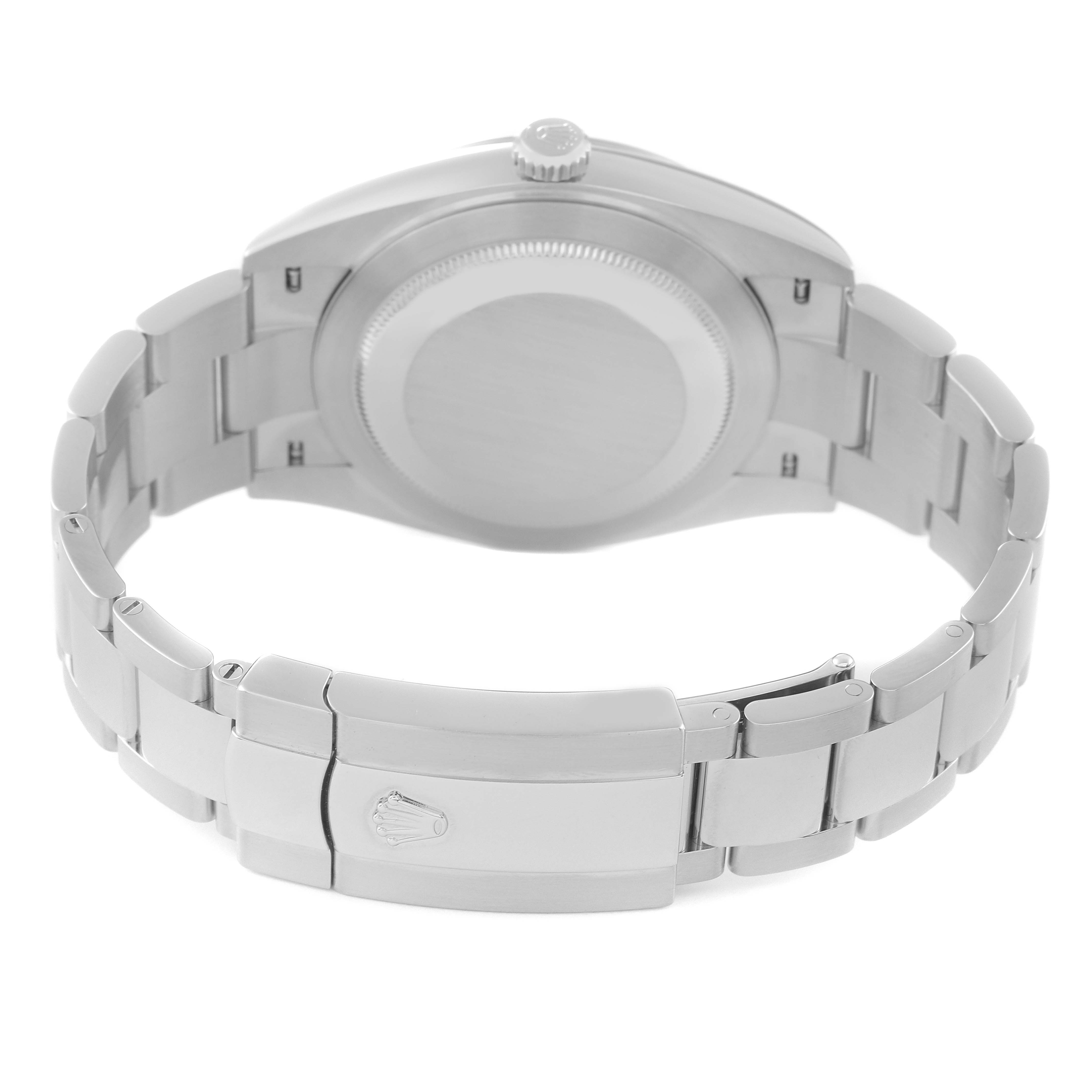 The image shows the back view of the Rolex Datejust 41 126300 Men's Stainless Steel Blue Dial 126300 Men's Stainless Steel Blue Dial model watch, focusing on the bracelet, clasp, and case back.