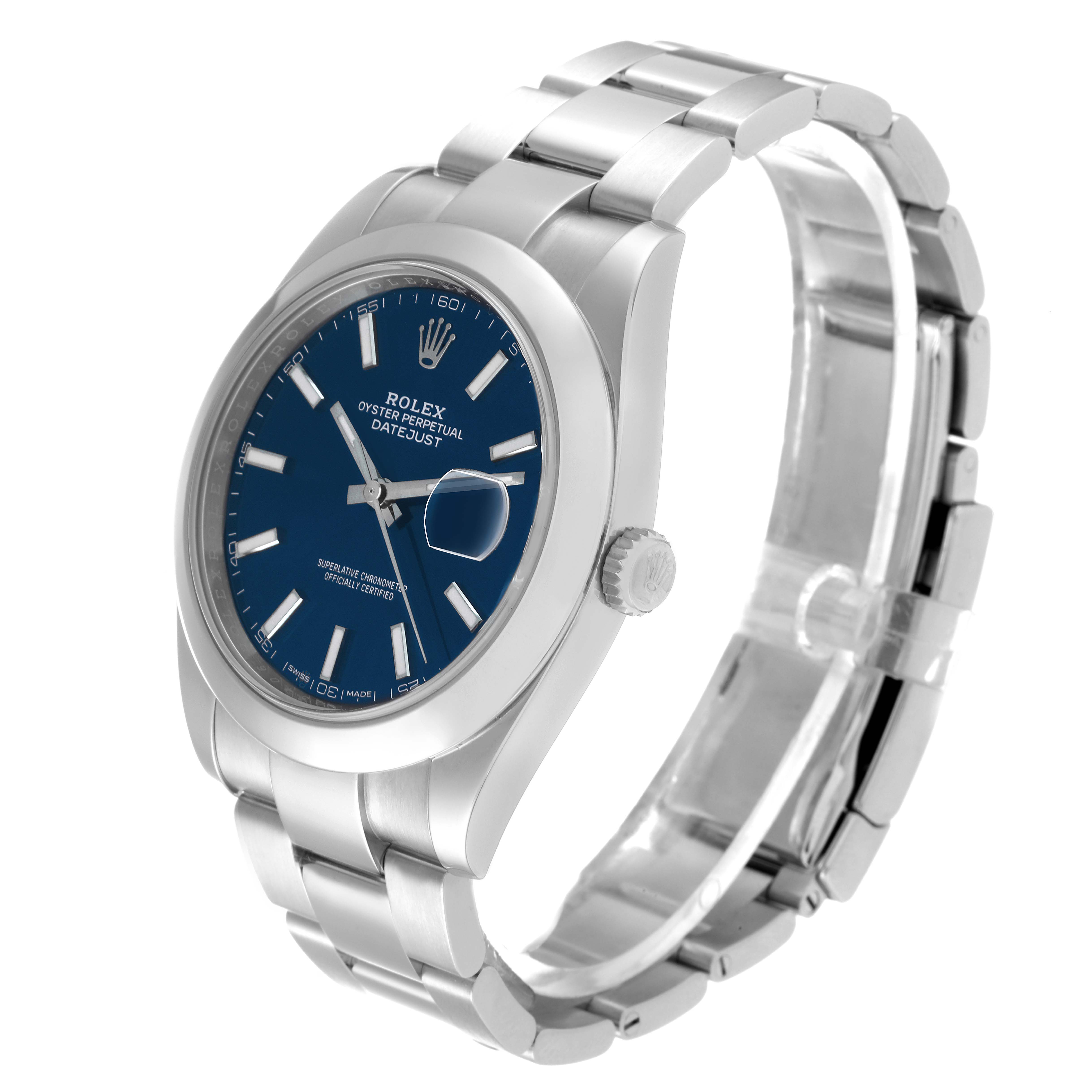 The image shows a Rolex Datejust 41 126300 Men's Stainless Steel Blue Dial 126300 Men's Stainless Steel Blue Dial watch at an angled side view, highlighting its blue dial, stainless steel bracelet, and crown.
