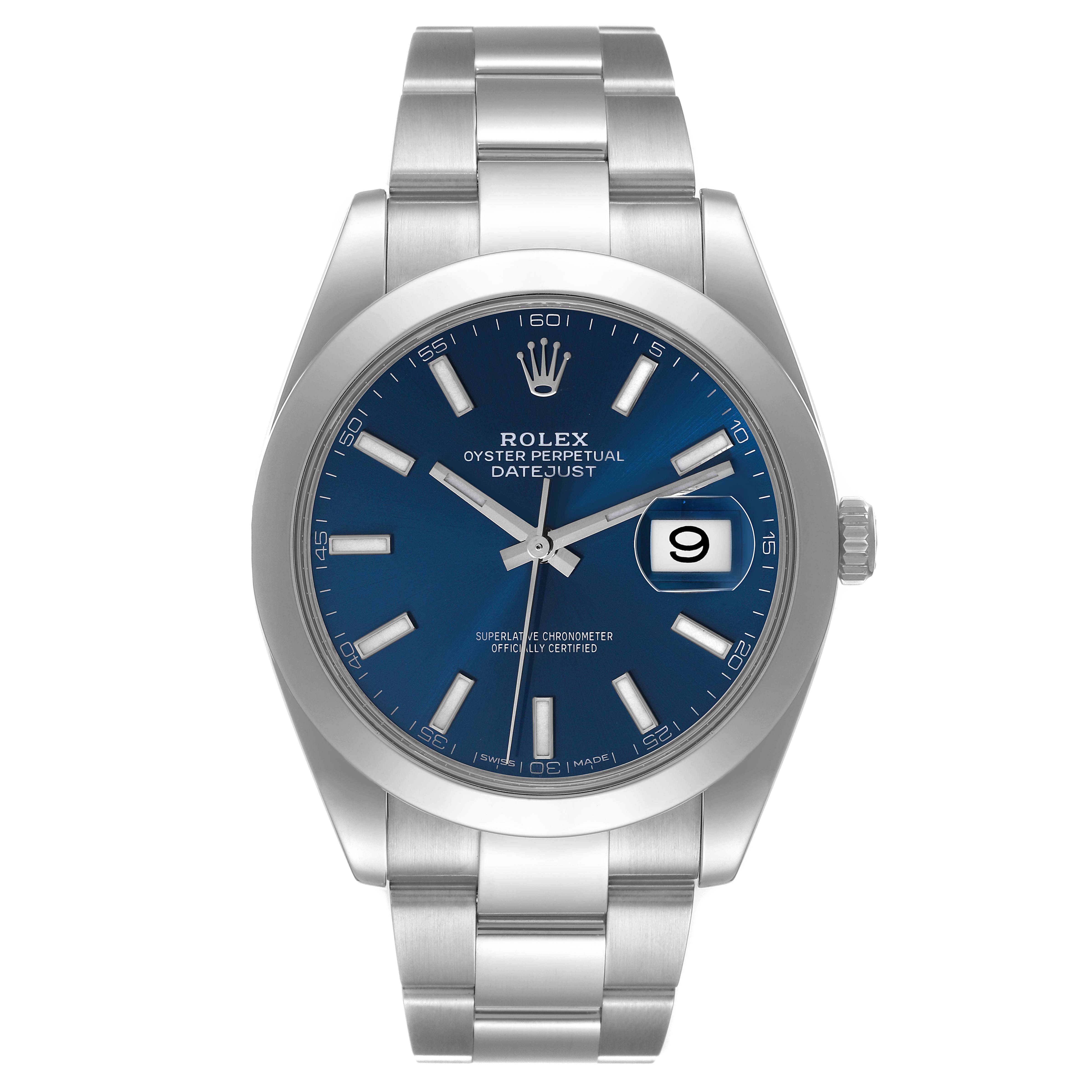The image shows a front view of the Rolex Datejust 41 126300 Men's Stainless Steel Blue Dial 126300 Men's Stainless Steel Blue Dial watch, featuring its blue dial, date window, and stainless steel bracelet.