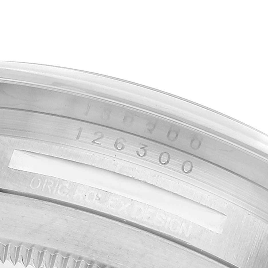 This image shows a close-up view of the case edge and model number engraving on a Rolex Datejust 41 126300 Men's Stainless Steel Blue Dial 126300 Men's Stainless Steel Blue Dial.