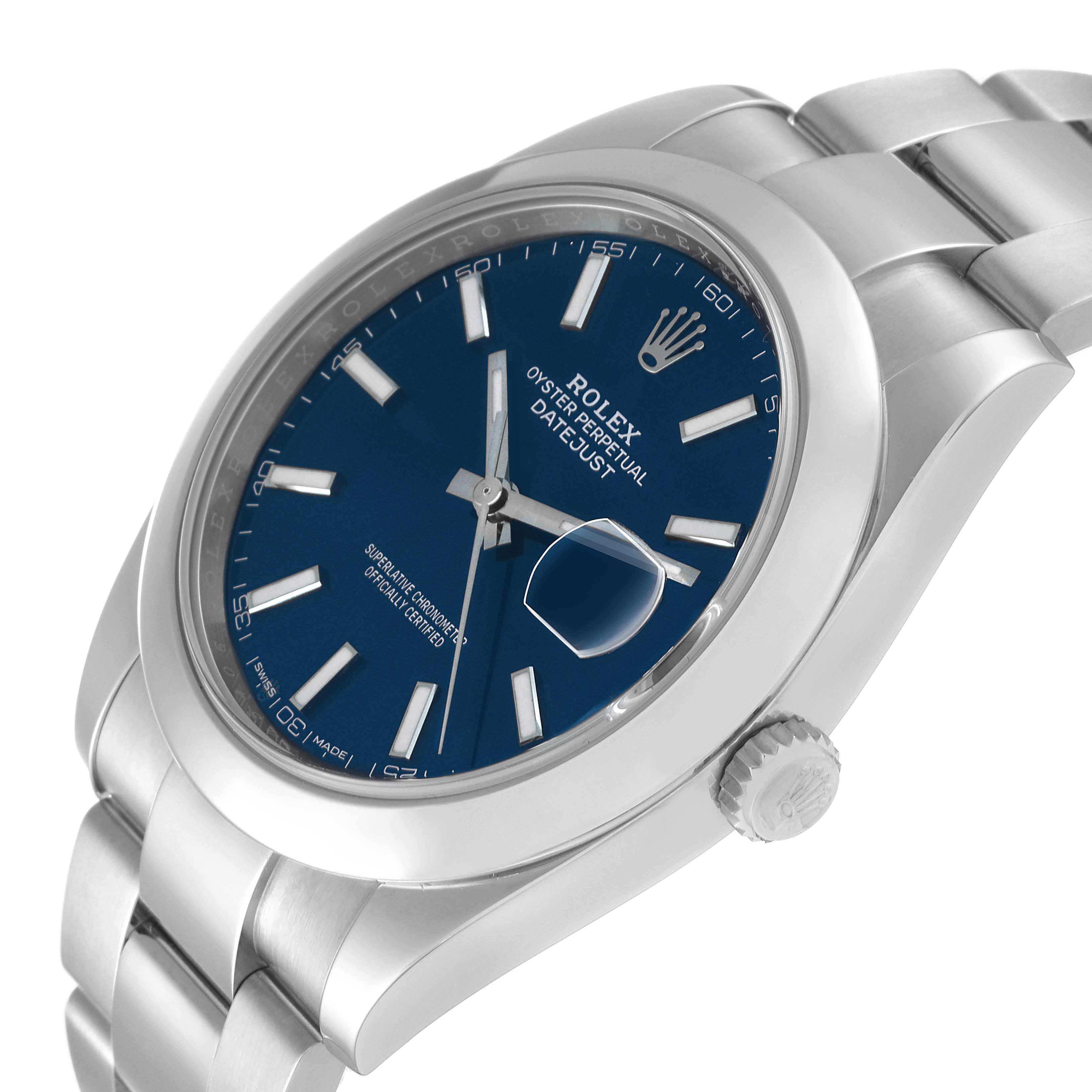 The image shows a Rolex Datejust 41 126300 Men's Stainless Steel Blue Dial 126300 Men's Stainless Steel Blue Dial watch from an angled side view, highlighting its blue dial, date window, and stainless steel bracelet.