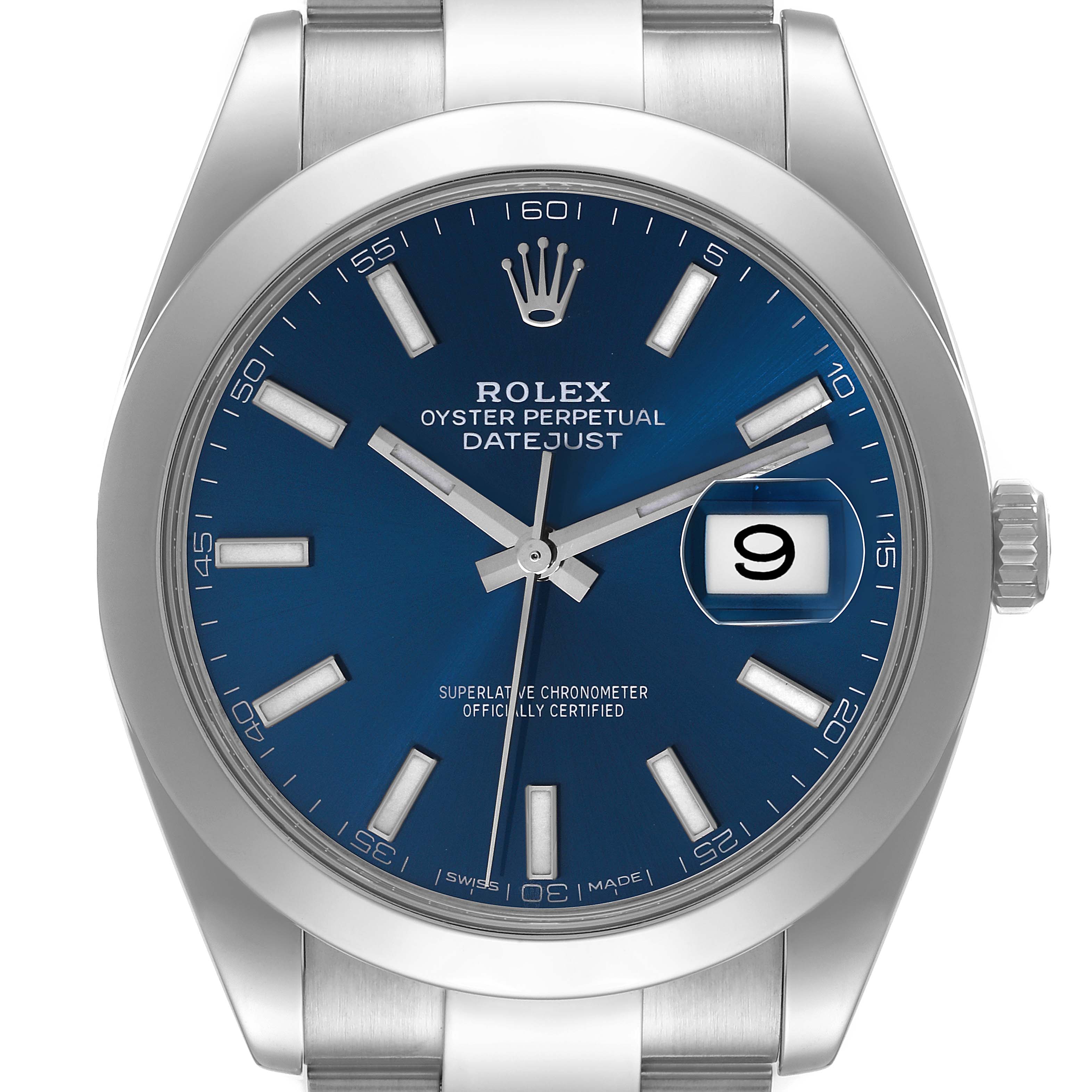 The image shows a front view of the Rolex Datejust 41 126300 Men's Stainless Steel Blue Dial 126300 Men's Stainless Steel Blue Dial watch, displaying its blue dial, date window, and metal bracelet.