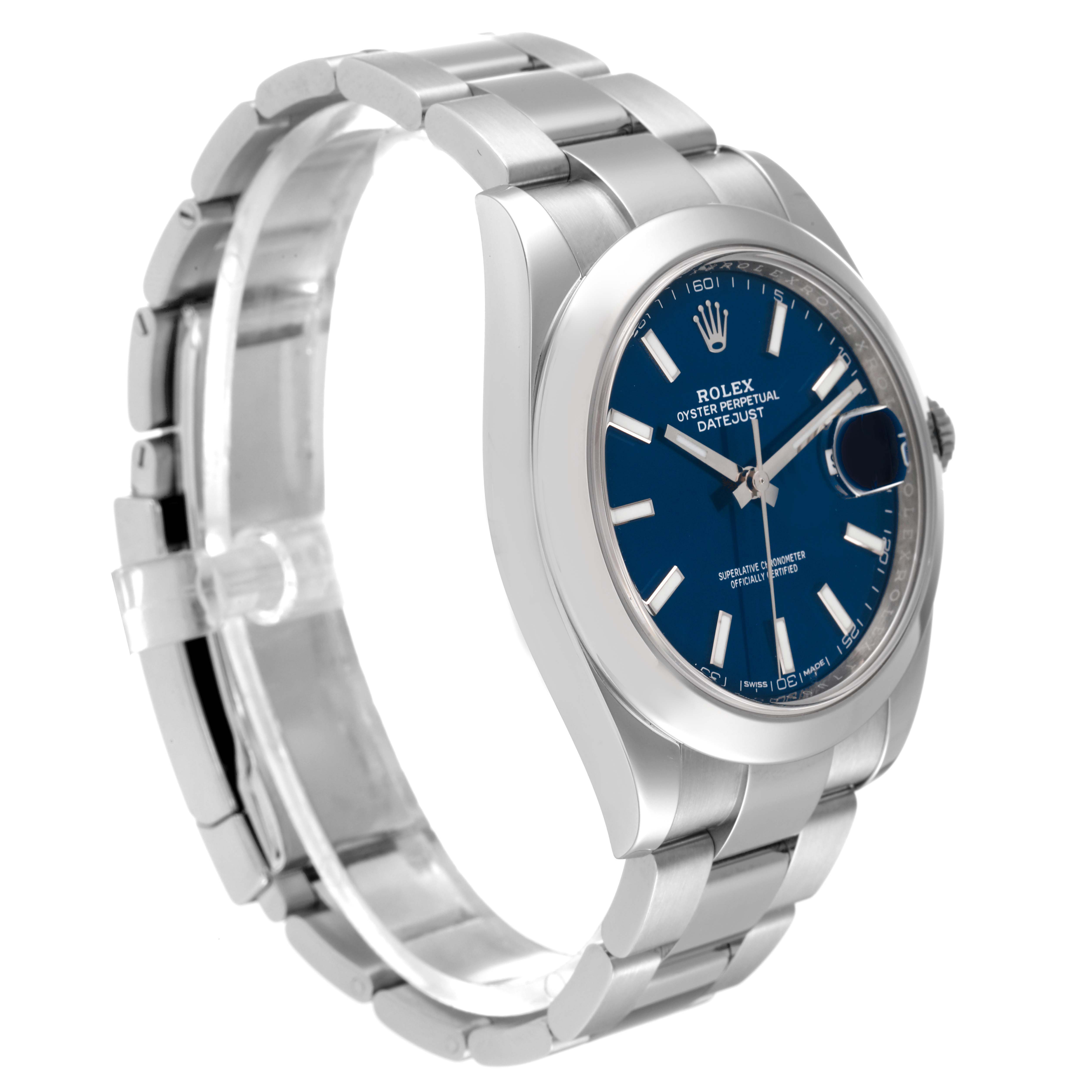 The image shows a Rolex Datejust 41 126300 Men's Stainless Steel Blue Dial 126300 Men's Stainless Steel Blue Dial watch angled from the front left, showcasing its face, bezel, case, and bracelet.