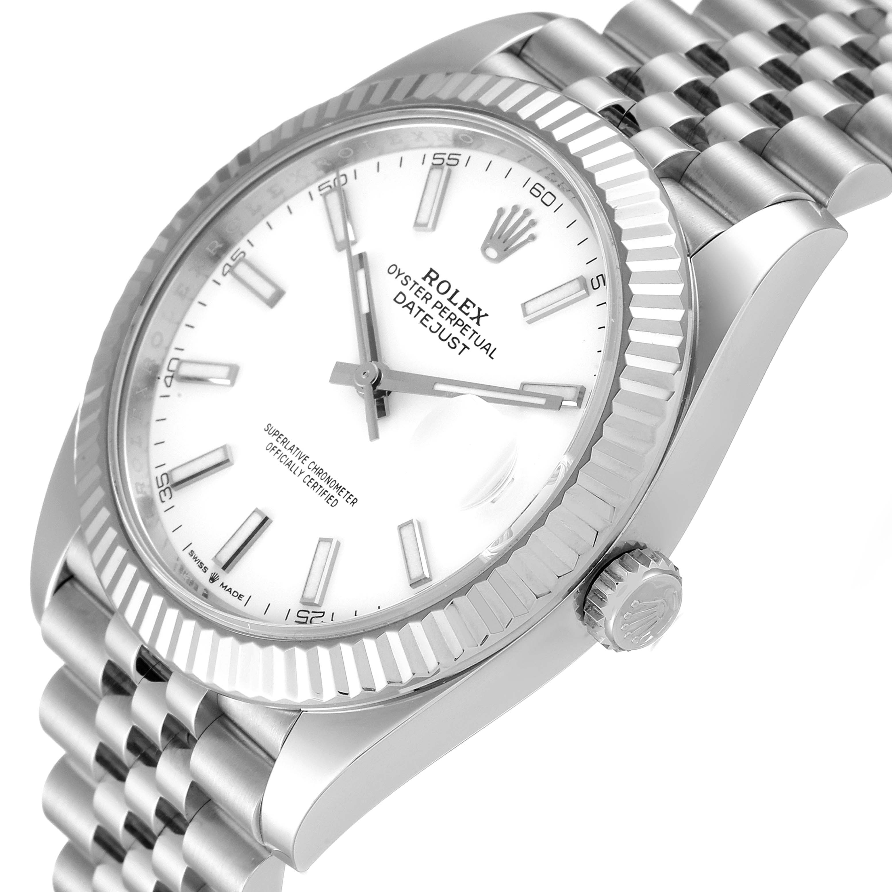 This image shows a Rolex Datejust 41 126334 Men
s Stainless Steel White Dial 126334 Men
s Stainless Steel White Dial watch from a three-quarter angle, highlighting the dial, bezel, crown, and bracelet.