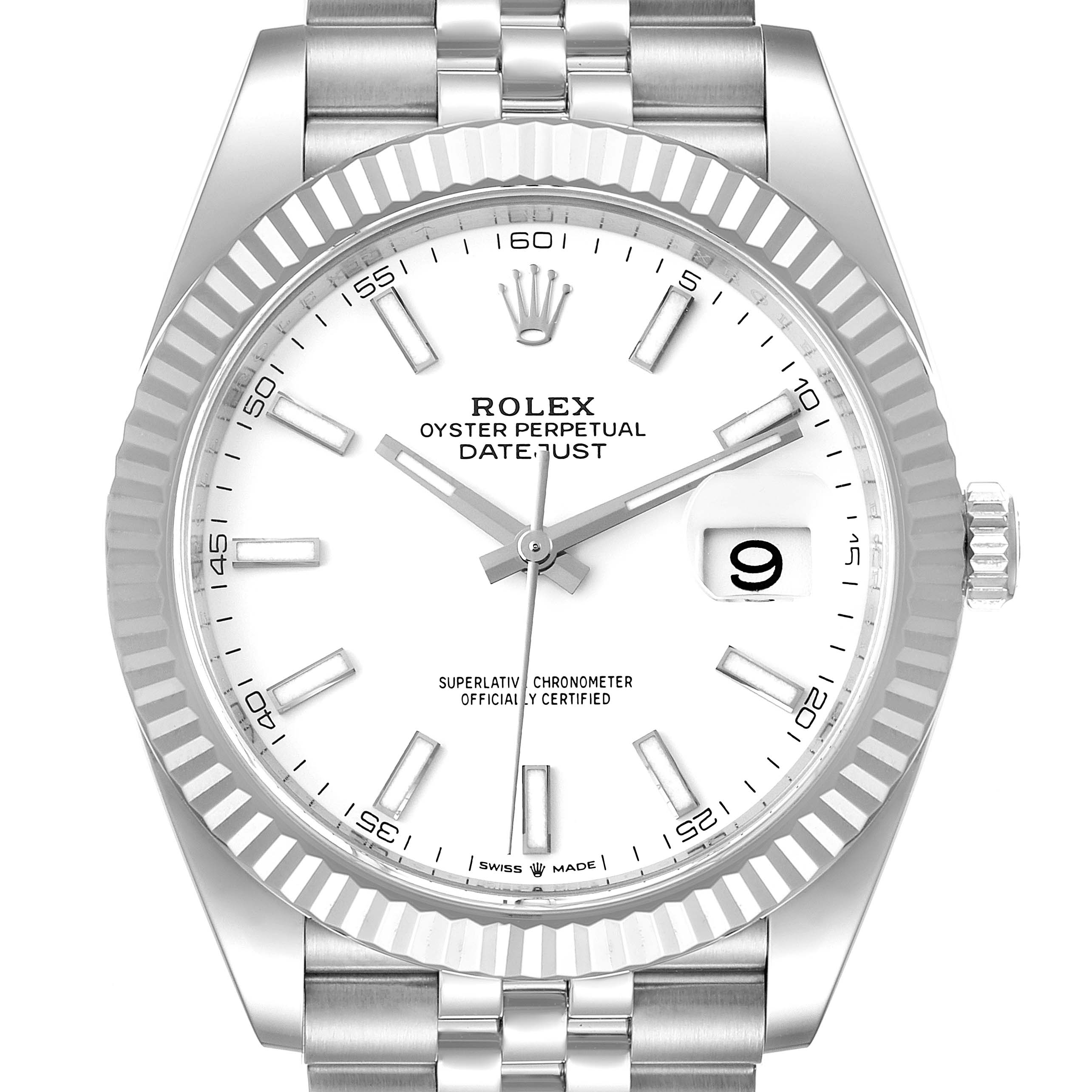 The image shows a front view of the Rolex Datejust 41 126334 Men
s Stainless Steel White Dial 126334 Men
s Stainless Steel White Dial watch, including its dial, hands, bezel, and part of the bracelet.