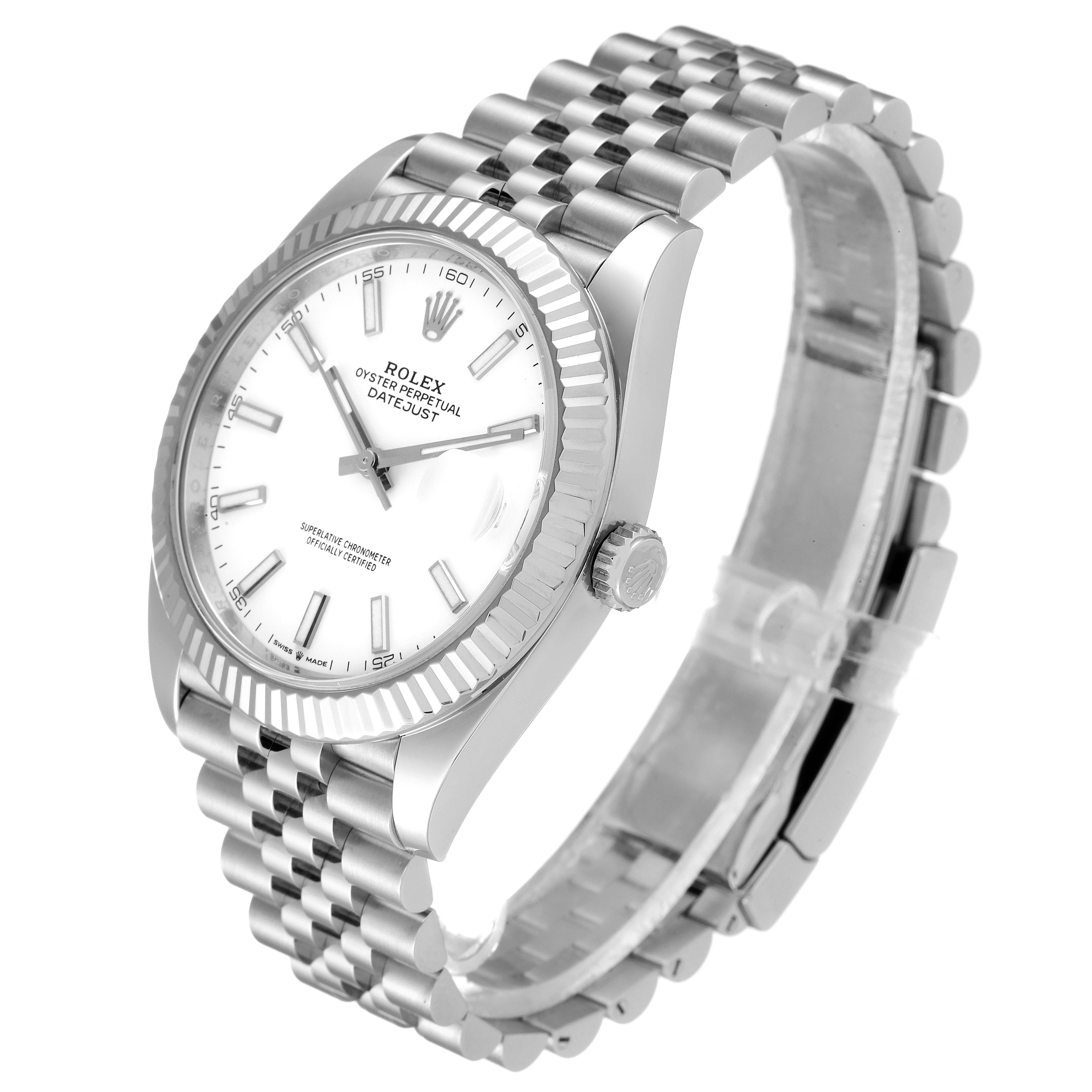This Rolex Datejust 41 126334 Men
s Stainless Steel White Dial 126334 Men
s Stainless Steel White Dial watch is shown at a three-quarter angle, highlighting its white dial, fluted bezel, and Jubilee bracelet.