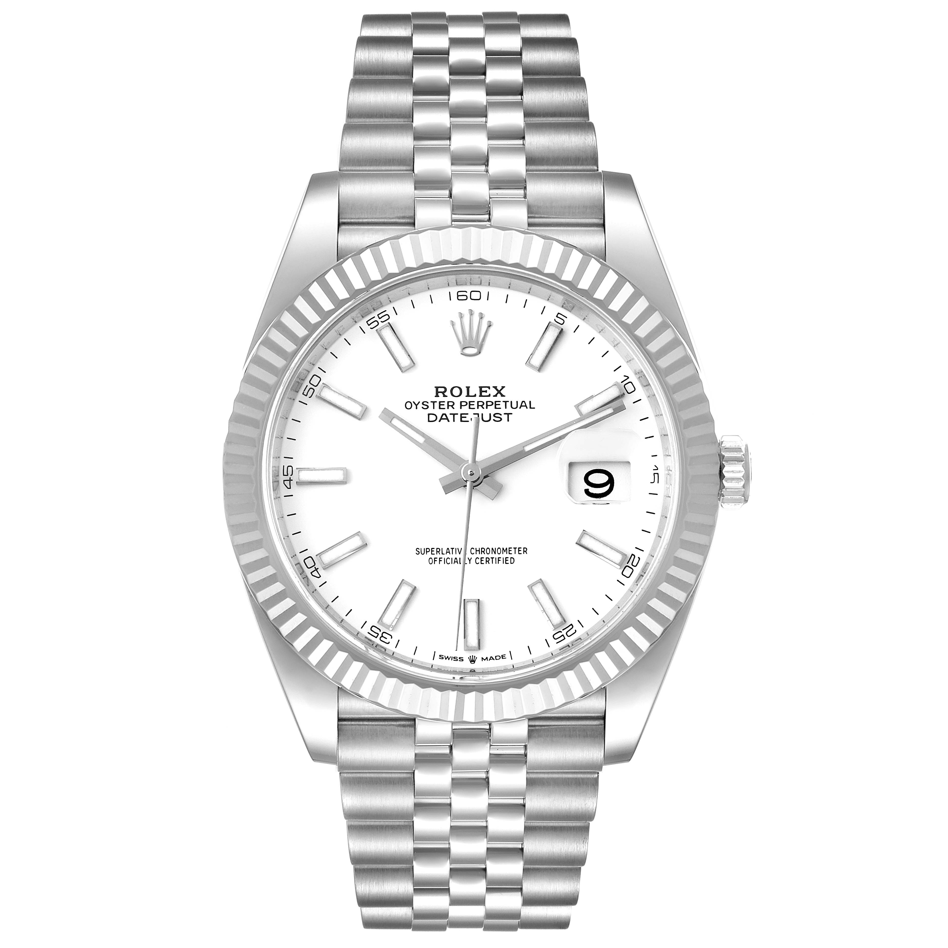 The image shows a Rolex Datejust 41 126334 Men
s Stainless Steel White Dial 126334 Men
s Stainless Steel White Dial watch from the front, highlighting its dial, bezel, and bracelet.
