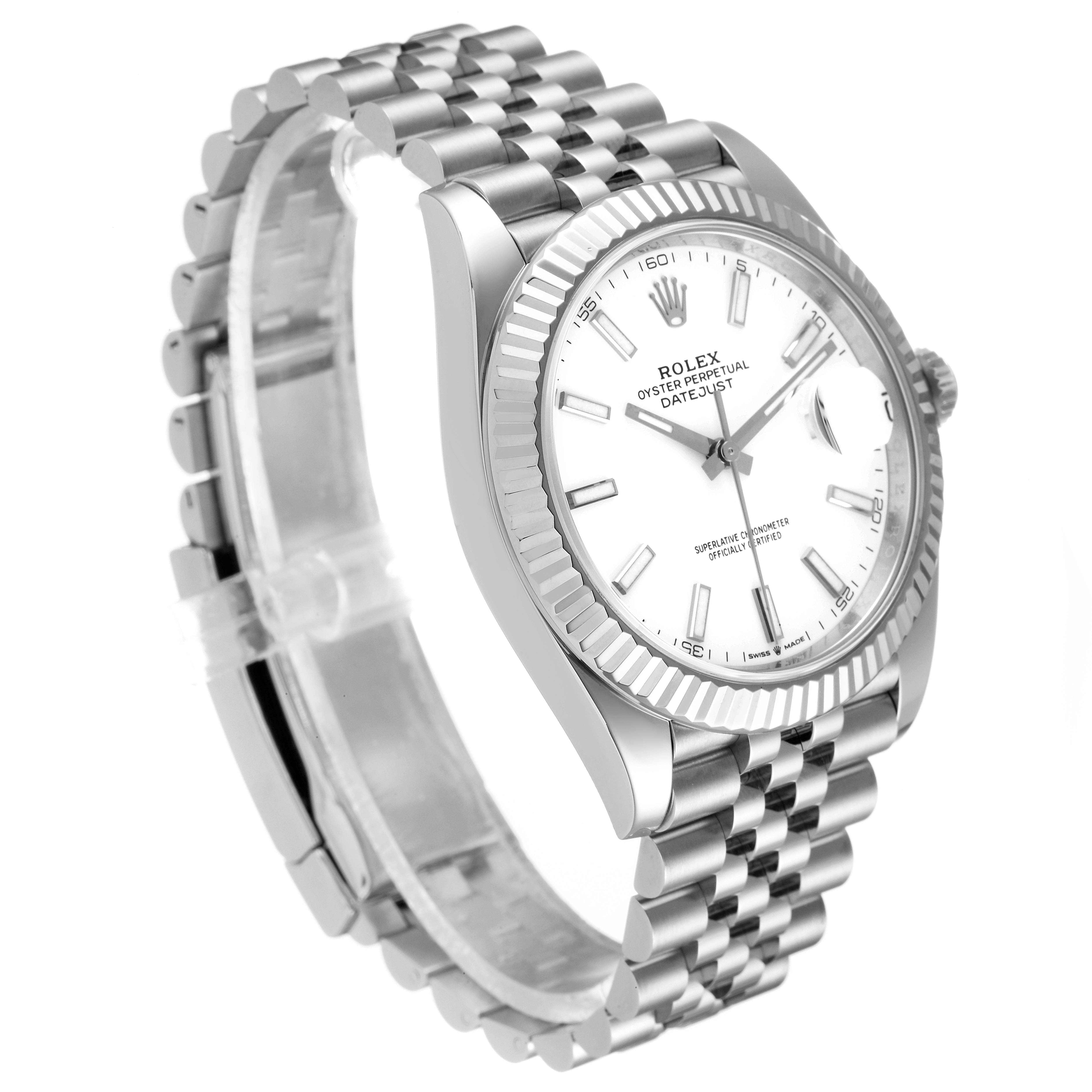 The Rolex Datejust 41 126334 Men
s Stainless Steel White Dial 126334 Men
s Stainless Steel White Dial watch is shown at a three-quarter angle, highlighting the dial, bezel, and bracelet.