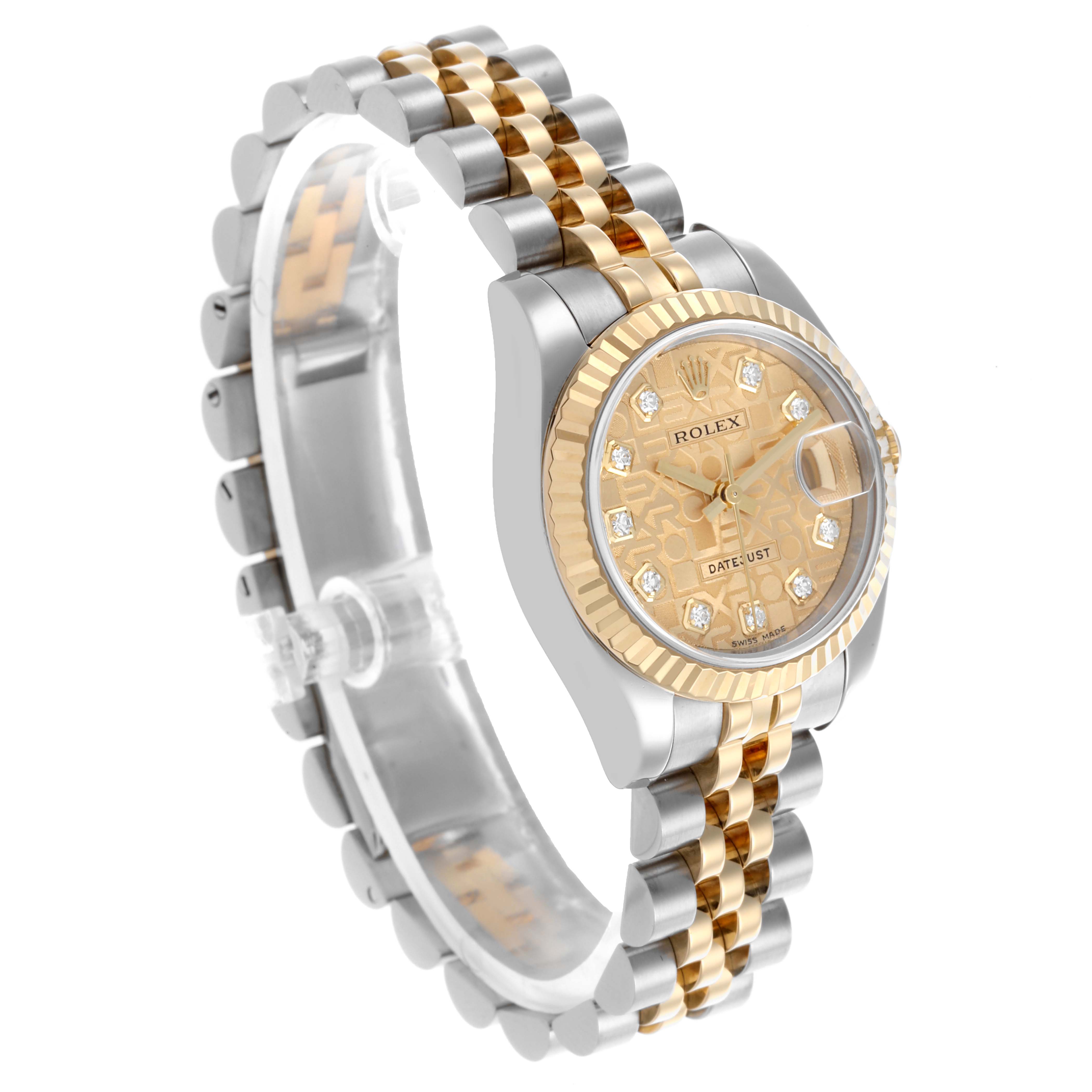 The Rolex Datejust 179173 Women's Steel and Gold (two tone) Champagne Dial 179173 Women's Steel and Gold (two tone) Champagne Dial is shown at an angle highlighting the face, bezel, and two-tone bracelet.