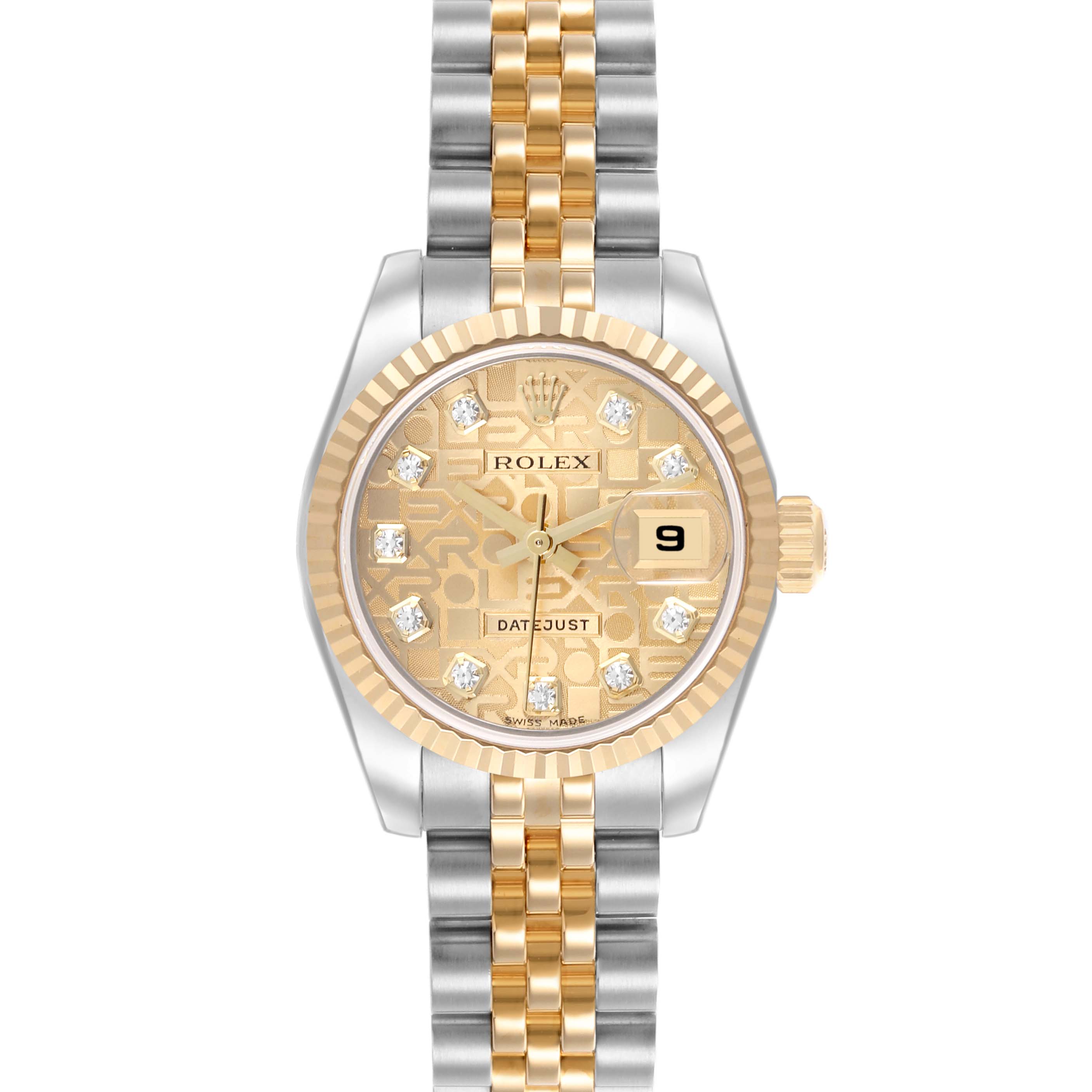 The Rolex Datejust 179173 Women's Steel and Gold (two tone) Champagne Dial 179173 Women's Steel and Gold (two tone) Champagne Dial watch is shown from the front, displaying its dial, bezel, bracelet, and crown.