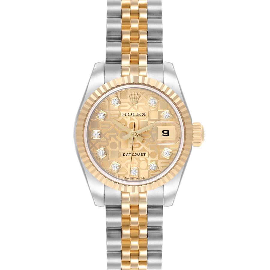 The Rolex Datejust watch is shown from the front, displaying its dial, bezel, bracelet, and crown.