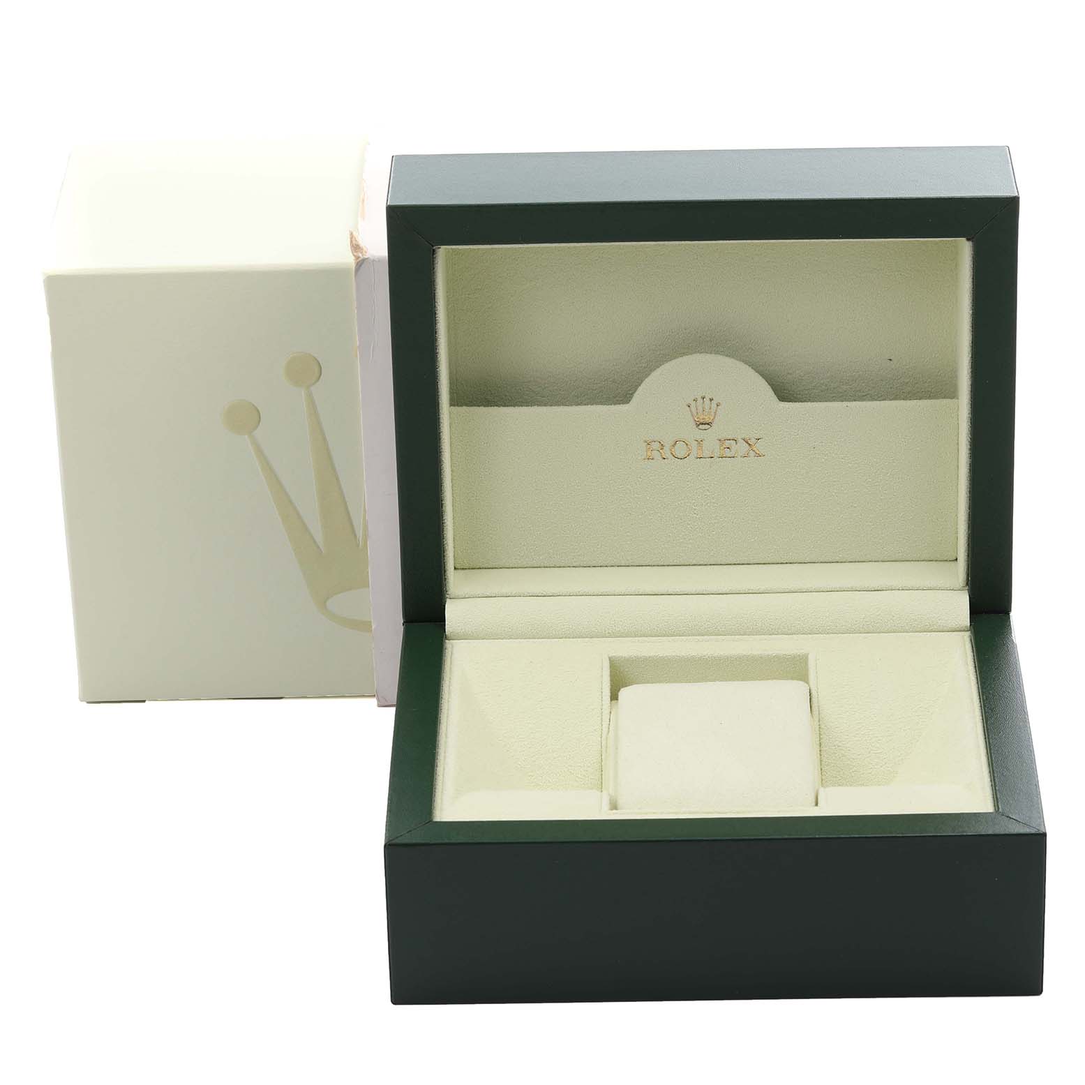 The image shows the open box for a Rolex Datejust 179173 Women's Steel and Gold (two tone) Champagne Dial 179173 Women's Steel and Gold (two tone) Champagne Dial watch, displaying its interior and outer packaging.