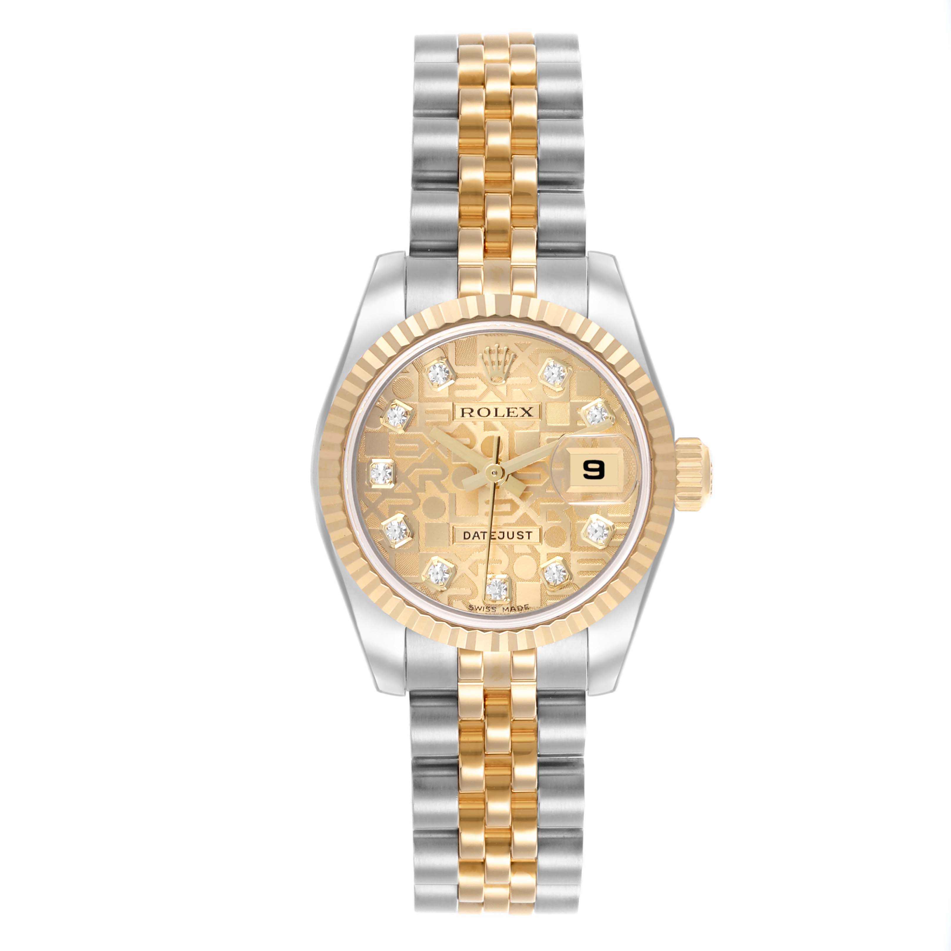 The Rolex Datejust 179173 Women's Steel and Gold (two tone) Champagne Dial 179173 Women's Steel and Gold (two tone) Champagne Dial watch is shown from a front angle, displaying the face, bracelet, and crown.