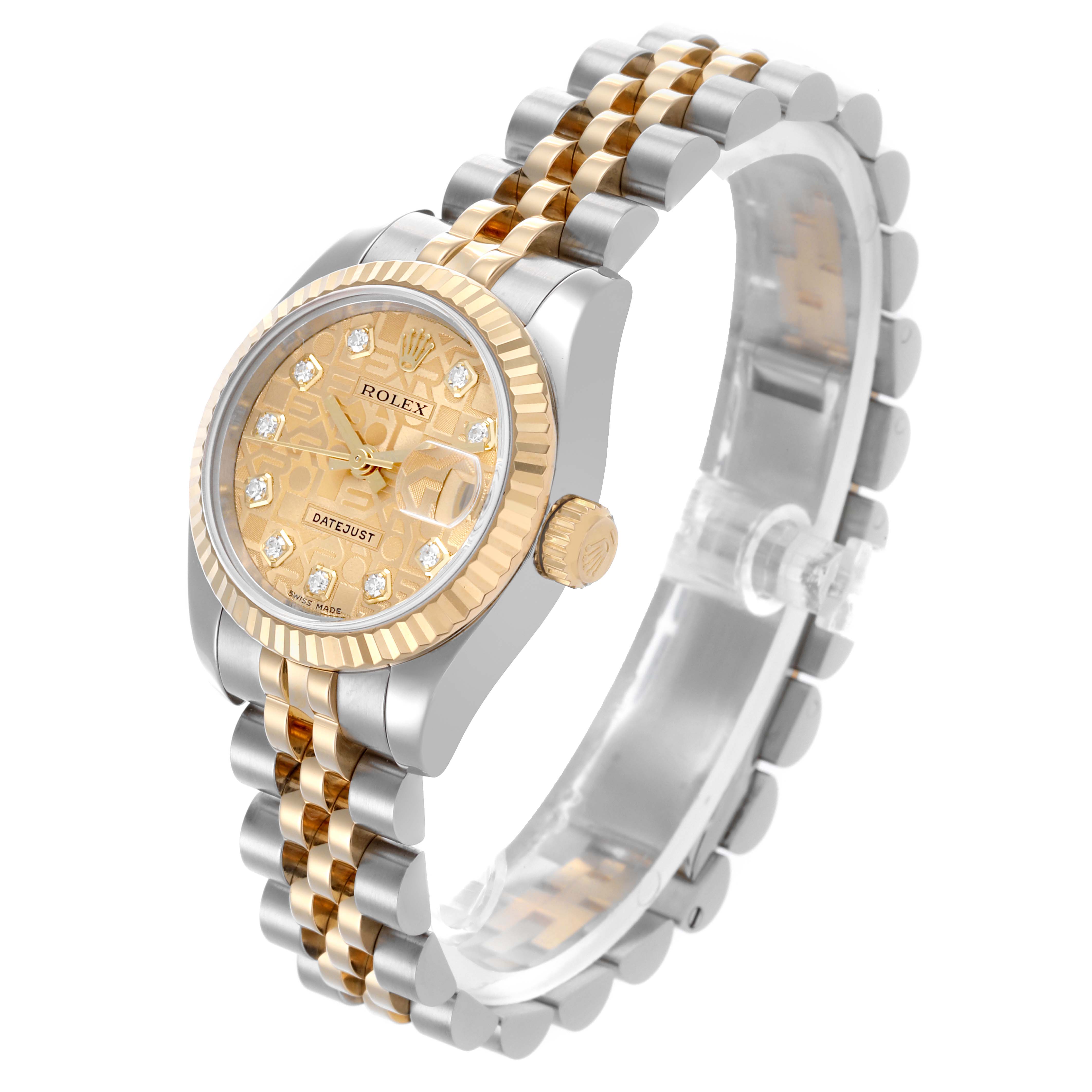The Rolex Datejust 179173 Women's Steel and Gold (two tone) Champagne Dial 179173 Women's Steel and Gold (two tone) Champagne Dial watch is shown at an angled view, displaying the face, bezel, and band clearly.