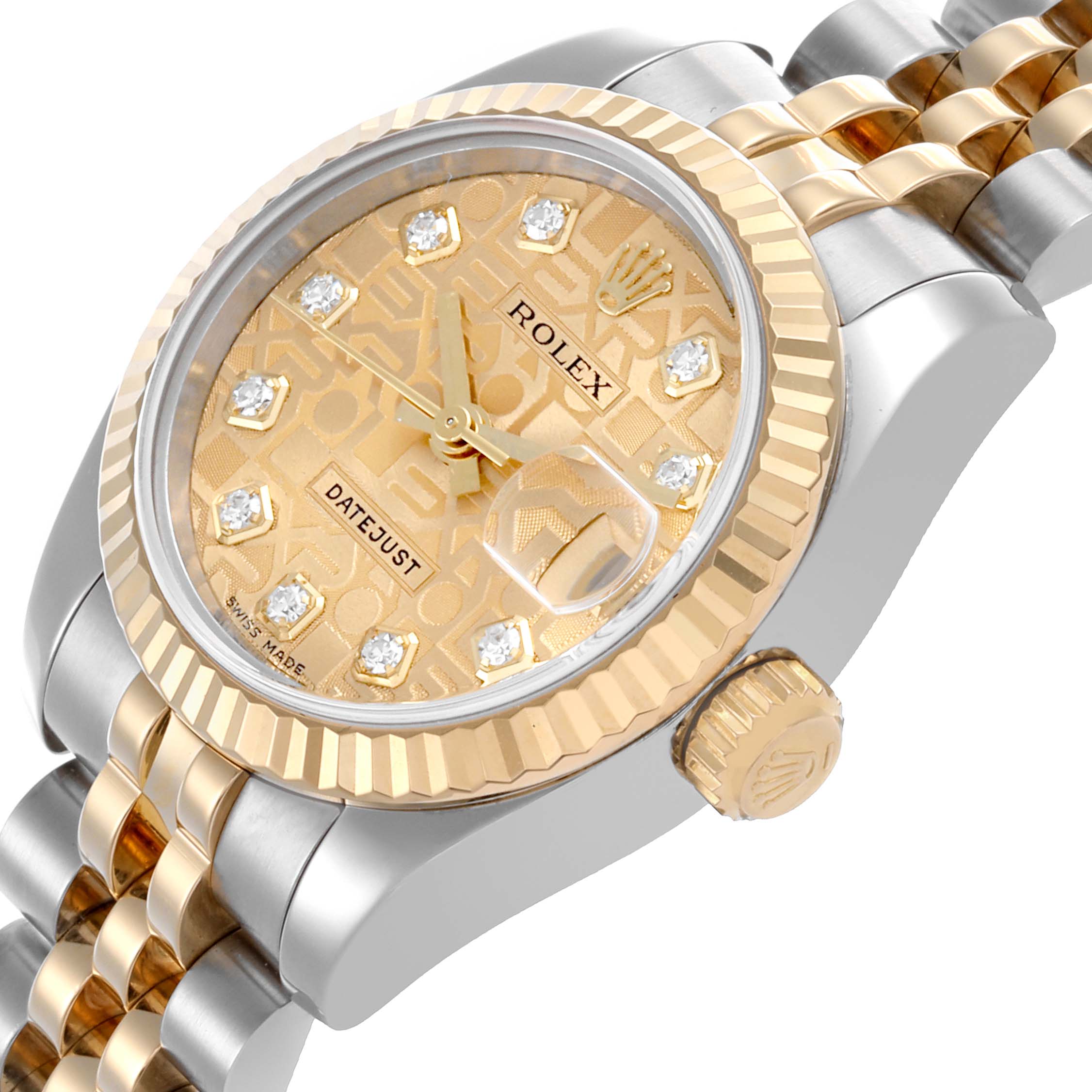 The Rolex Datejust 179173 Women's Steel and Gold (two tone) Champagne Dial 179173 Women's Steel and Gold (two tone) Champagne Dial watch is shown from a side angle, highlighting the bezel, dial, crown, and bracelet.