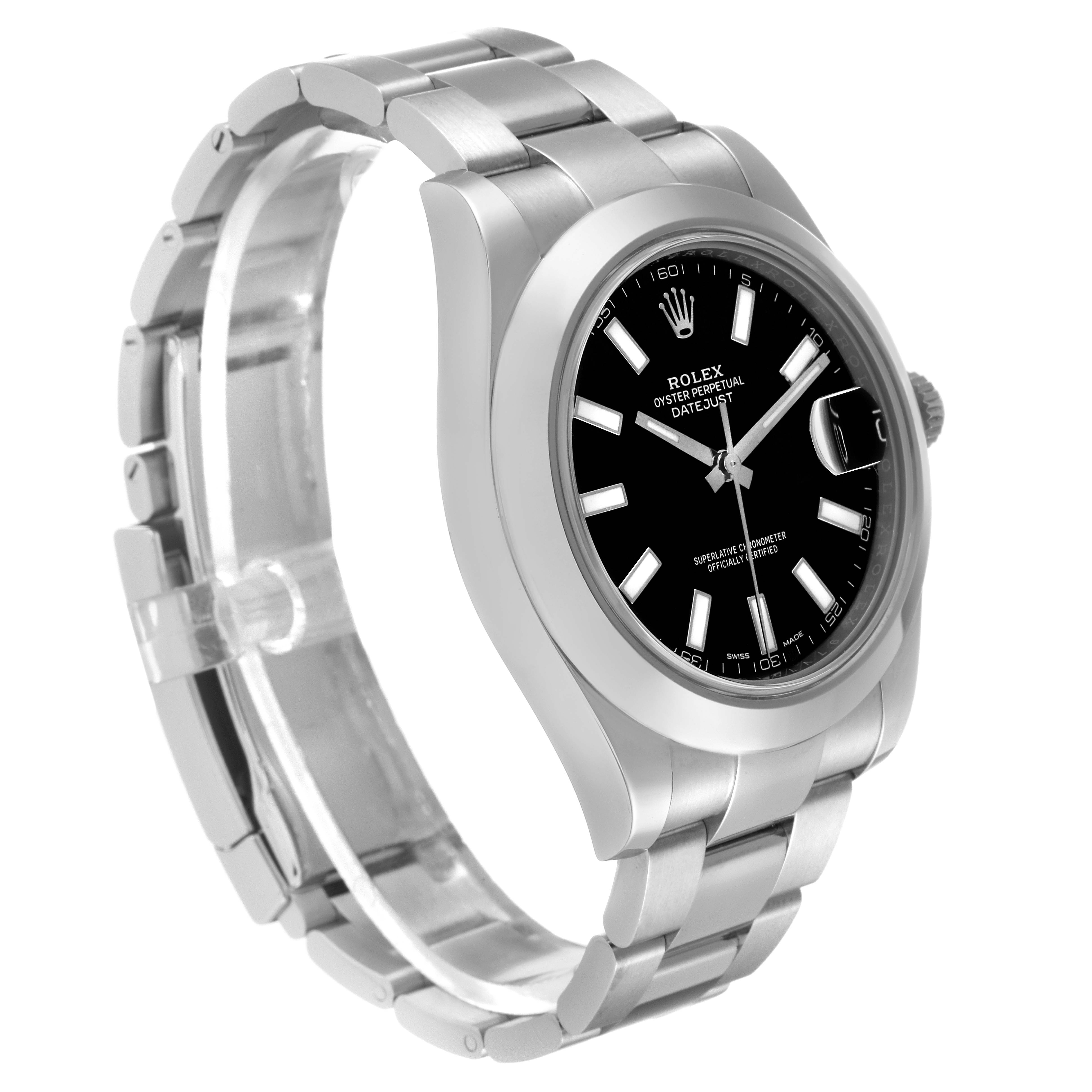 The image shows a side angle of a Rolex Datejust 41 116300 Men
s Stainless Steel Black Dial 116300 Men
s Stainless Steel Black Dial watch, highlighting the bracelet, case, and black dial with a date window.