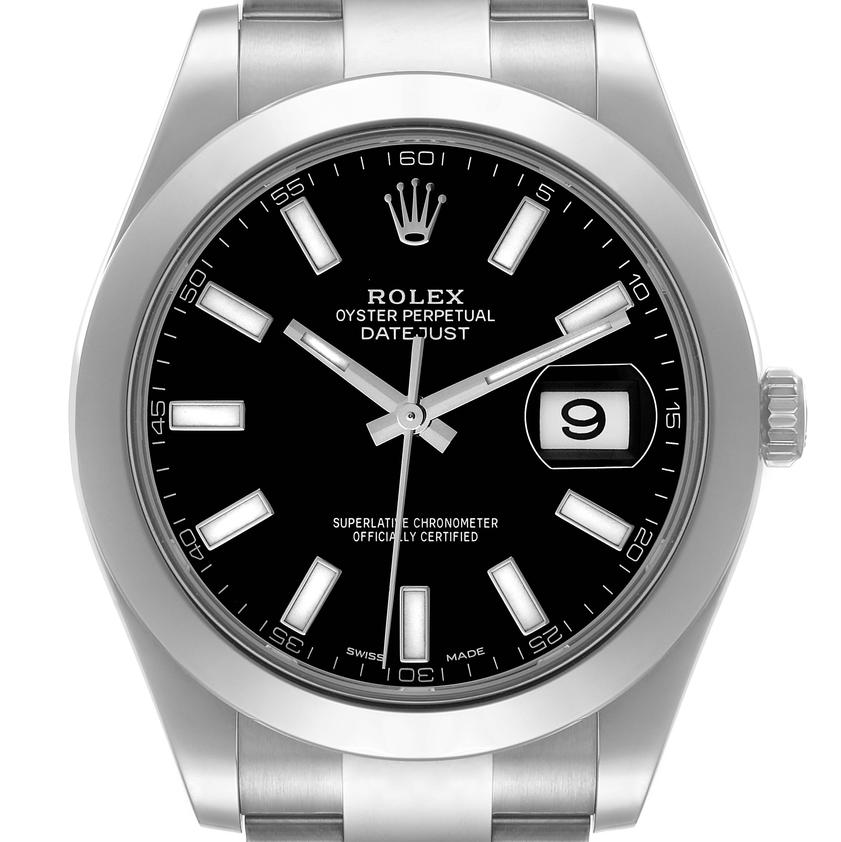 The image shows a front view of a Rolex Datejust 41 116300 Men
s Stainless Steel Black Dial 116300 Men
s Stainless Steel Black Dial watch featuring a black dial and Oyster bracelet.