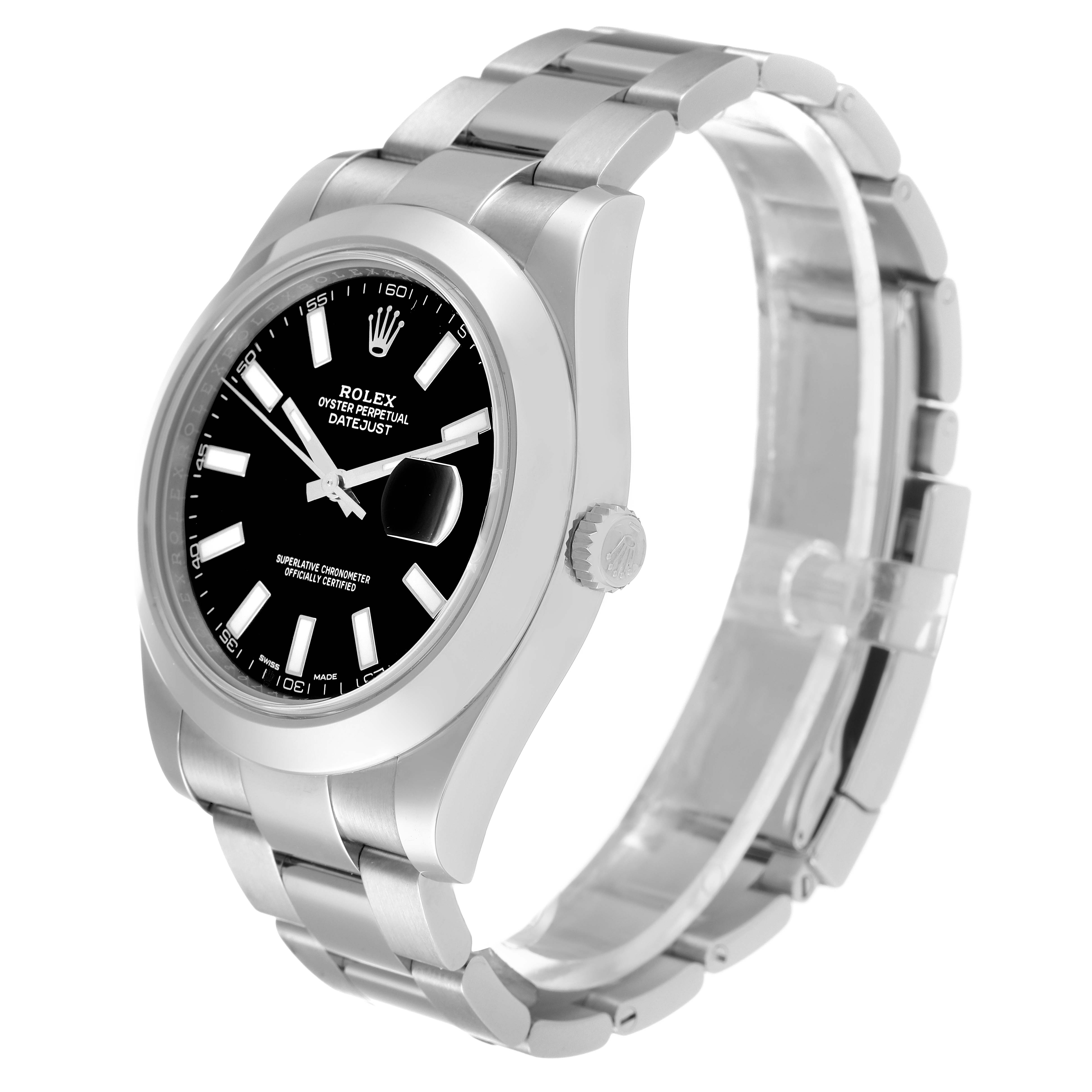 This Rolex Datejust 41 116300 Men
s Stainless Steel Black Dial 116300 Men
s Stainless Steel Black Dial watch is shown from an angled side view, highlighting its dial, bezel, bracelet, and clasp.