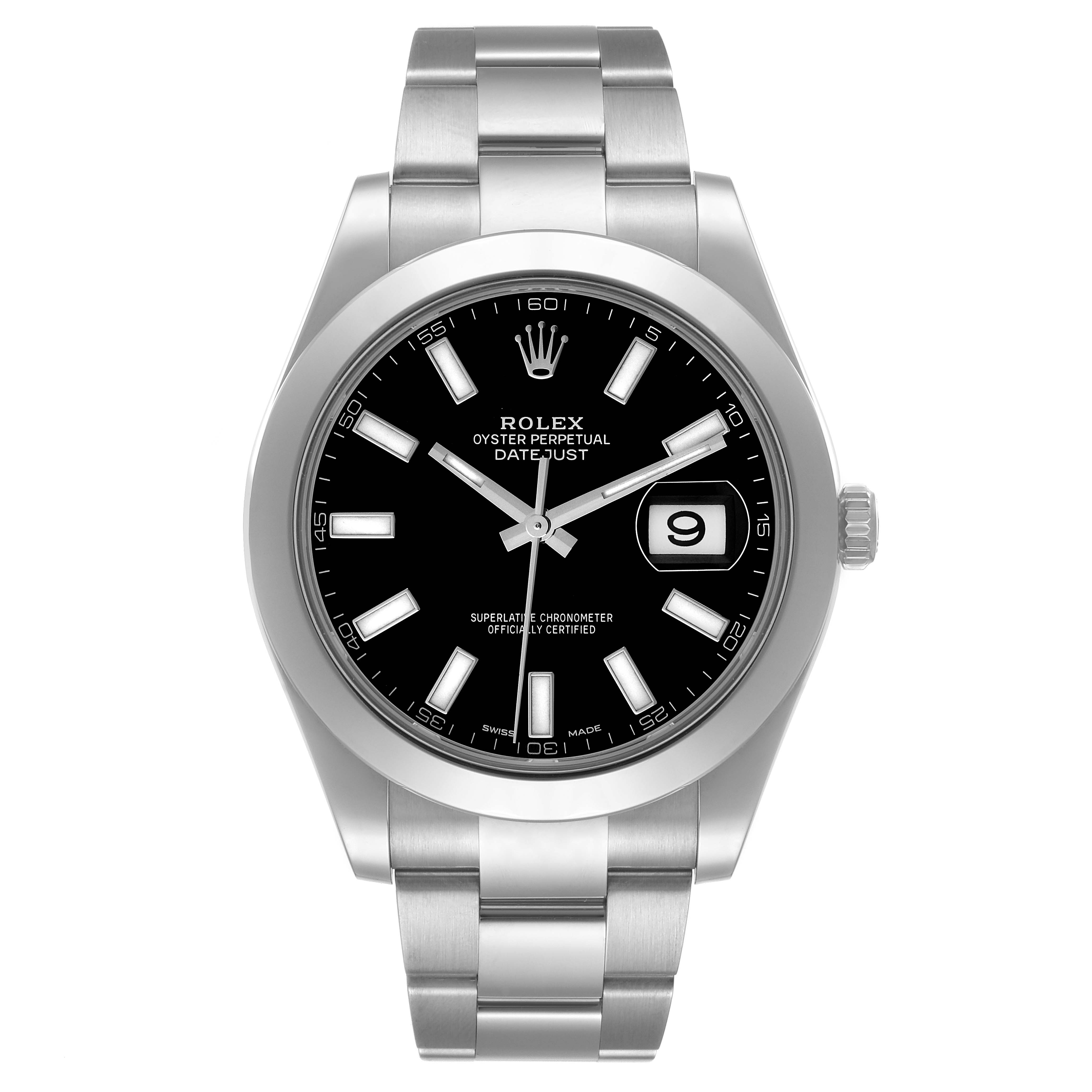 This image shows a Rolex Datejust 41 116300 Men
s Stainless Steel Black Dial 116300 Men
s Stainless Steel Black Dial watch from a top-down angle, displaying its face, bezel, and bracelet.