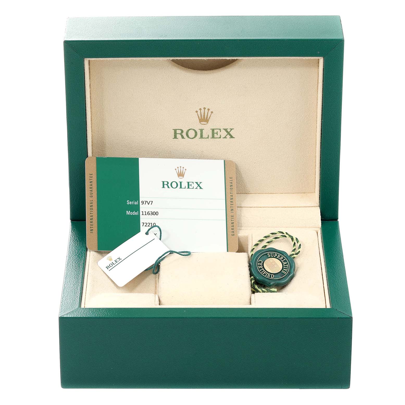 This image shows the accessories, including tags and documentation, inside an open box for a Rolex Datejust 41 116300 Men
s Stainless Steel Black Dial 116300 Men
s Stainless Steel Black Dial watch.