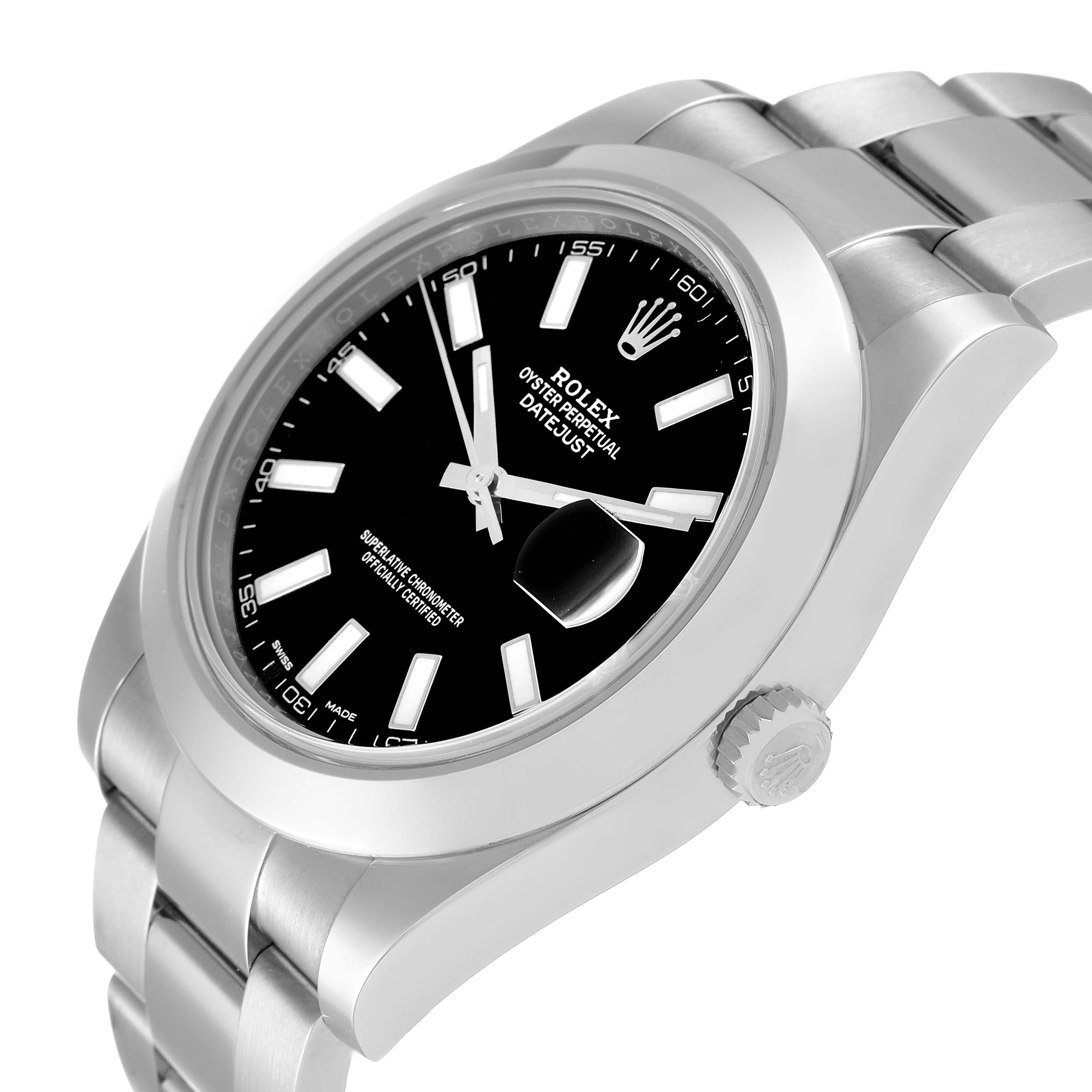 The image shows a side angle of the Rolex Datejust 41 116300 Men
s Stainless Steel Black Dial 116300 Men
s Stainless Steel Black Dial, highlighting the face, bezel, bracelet, and crown.
