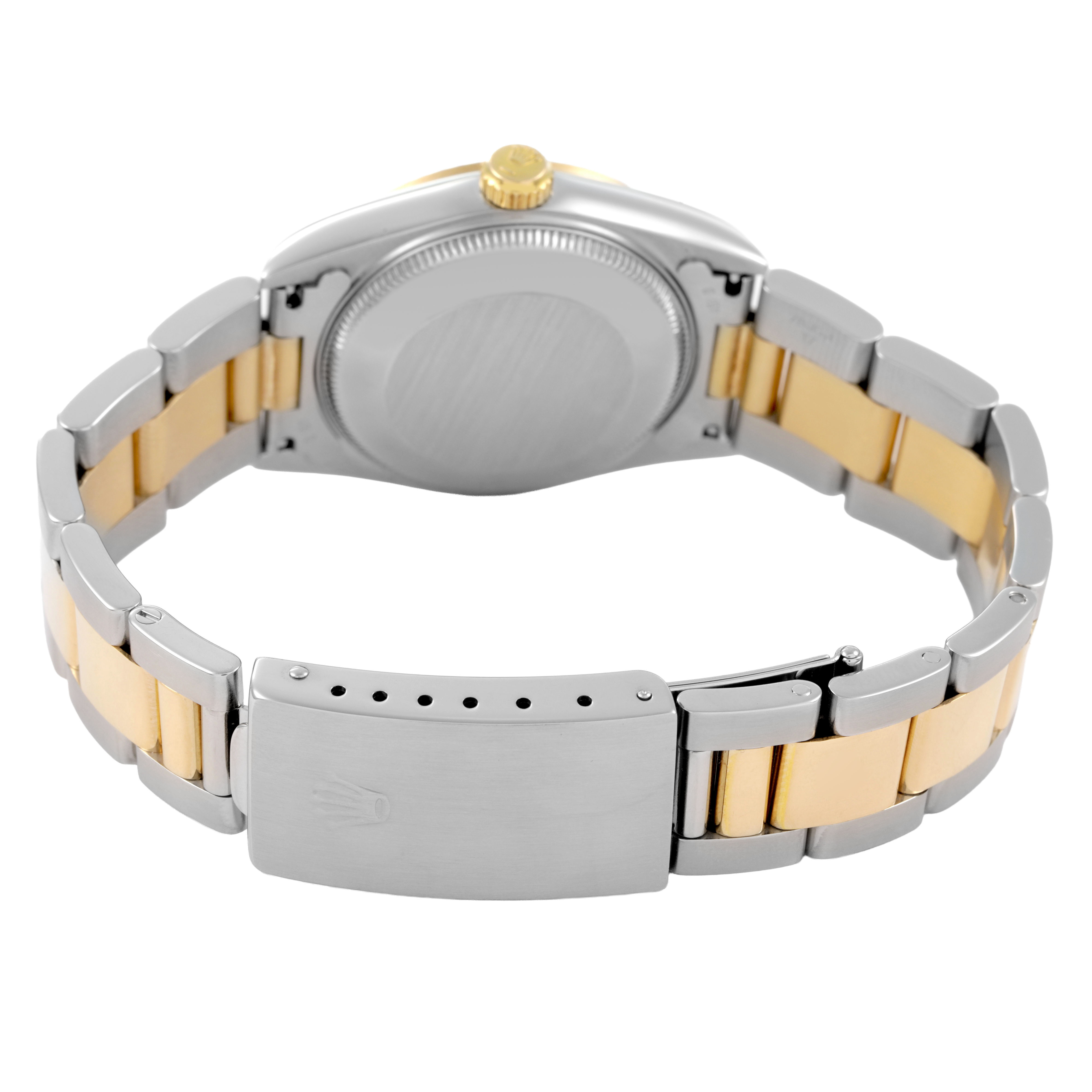 The Rolex Datejust 68273 Women's Stainless Steel Champagne Dial watch is shown from the back, highlighting the bracelet, clasp, and case back.