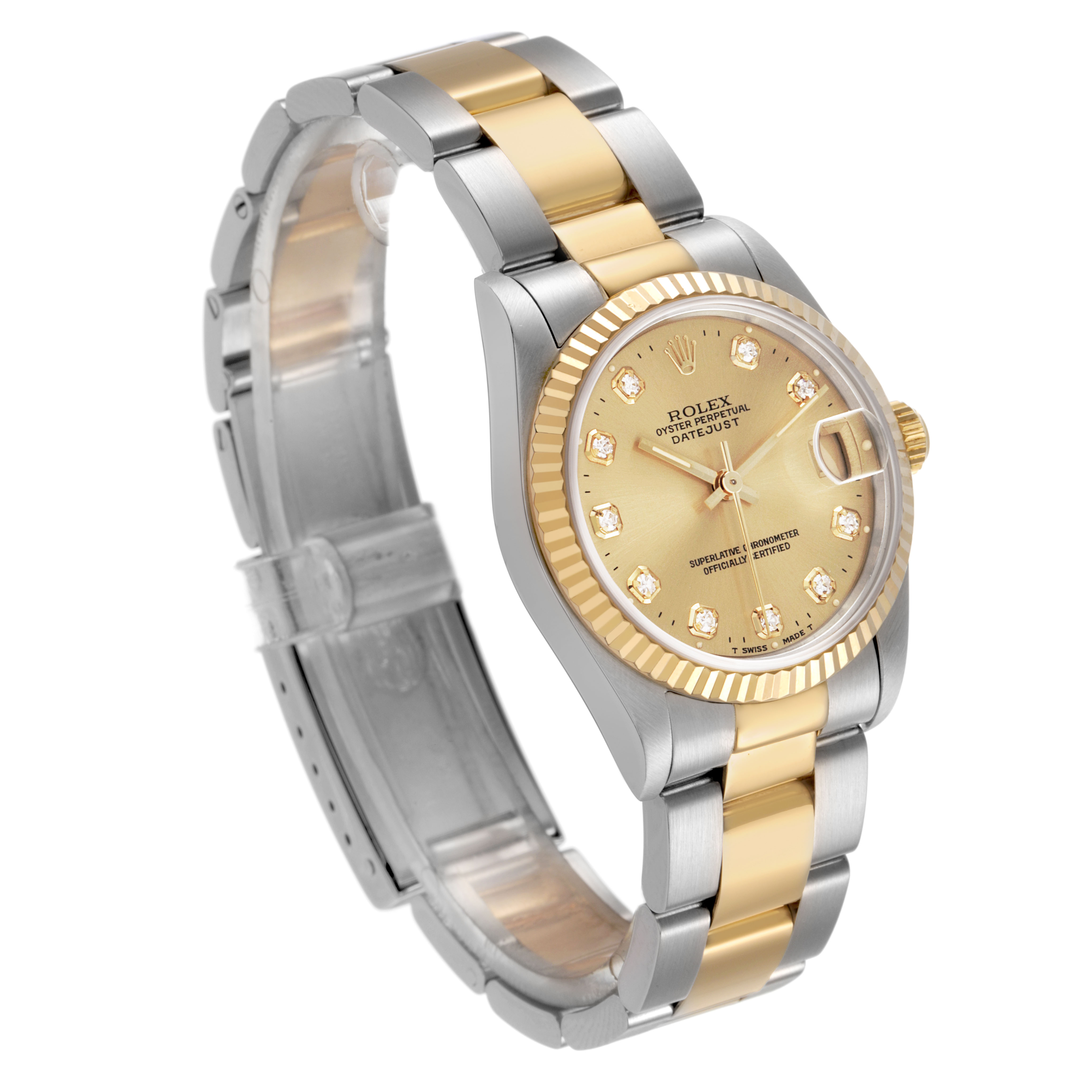 The Rolex Datejust 68273 Women's Stainless Steel Champagne Dial watch is shown at an angle highlighting the face, fluted bezel, gold and silver bracelet.