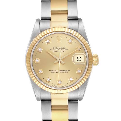 The Rolex Datejust 68273 Women's Stainless Steel Champagne Dial watch is shown from the front, highlighting the dial, bezel, and part of the bracelet.