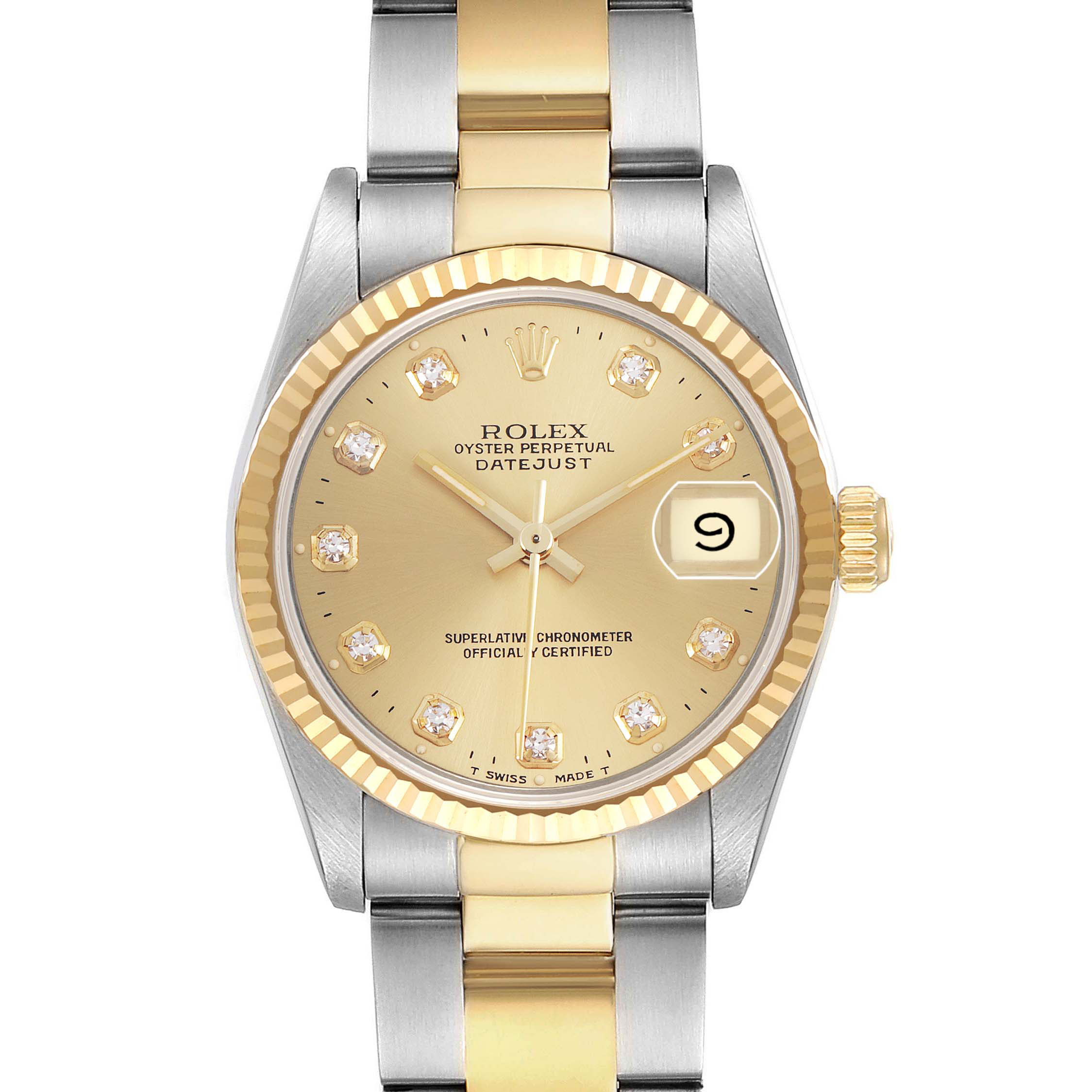 The Rolex Datejust 68273 Women's Stainless Steel Champagne Dial watch is shown from a front angle, highlighting the dial, bezel, crown, and part of the bracelet.