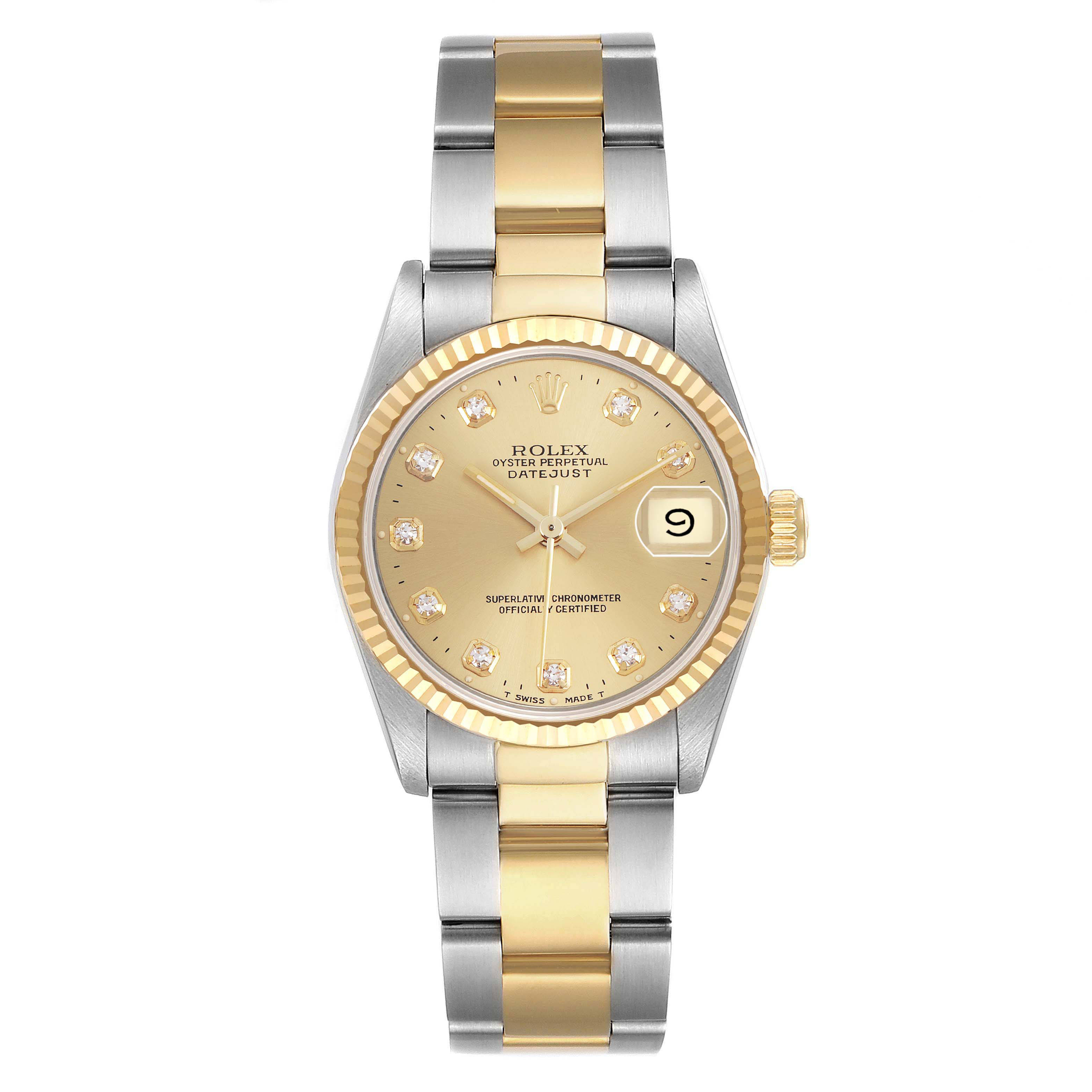 The Rolex Datejust 68273 Women's Stainless Steel Champagne Dial watch is shown from a top-down angle, highlighting its two-tone bracelet and gold dial with diamond hour markers.