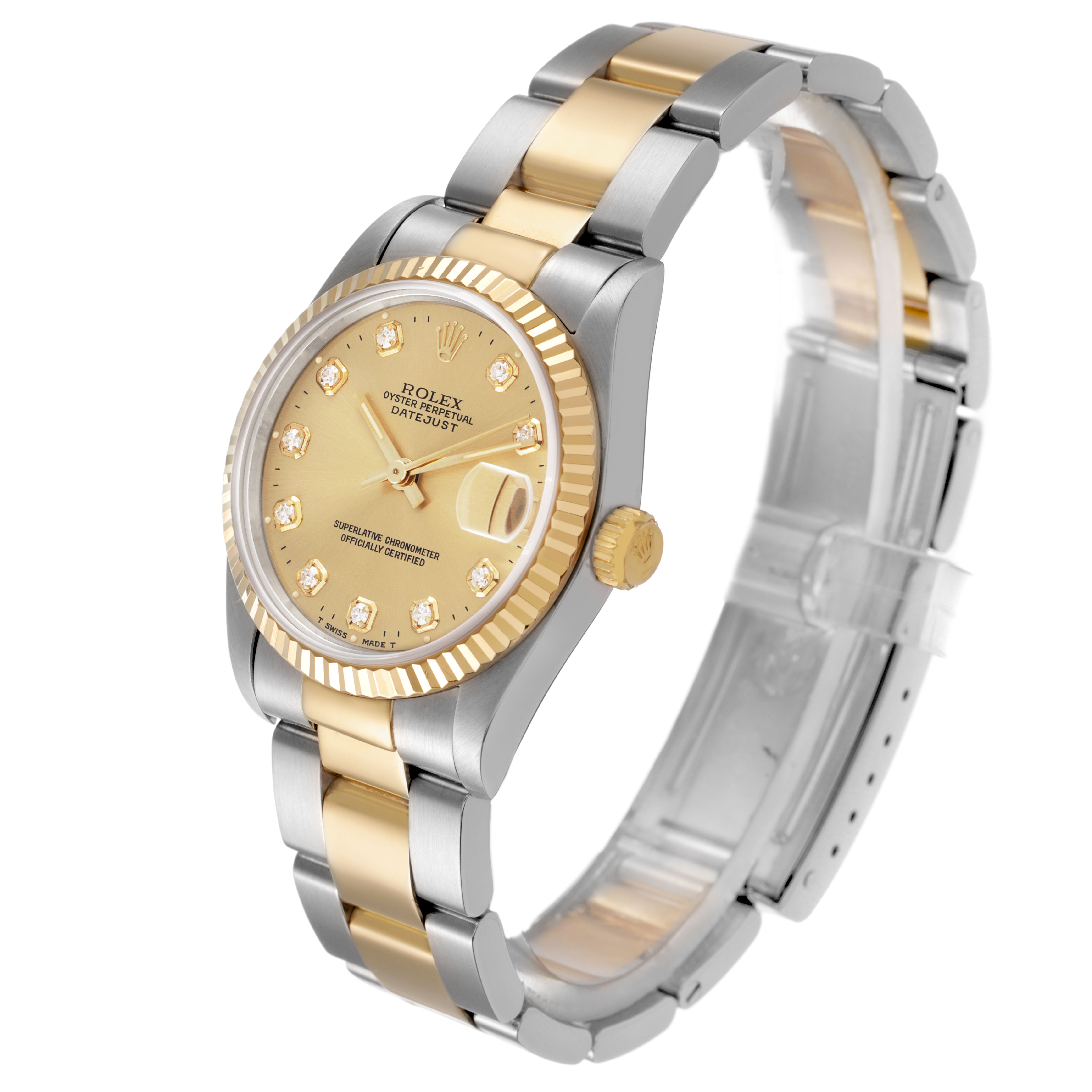 The Rolex Datejust 68273 Women's Stainless Steel Champagne Dial watch is shown at a three-quarter angle, highlighting the dial, bezel, bracelet, and clasp.