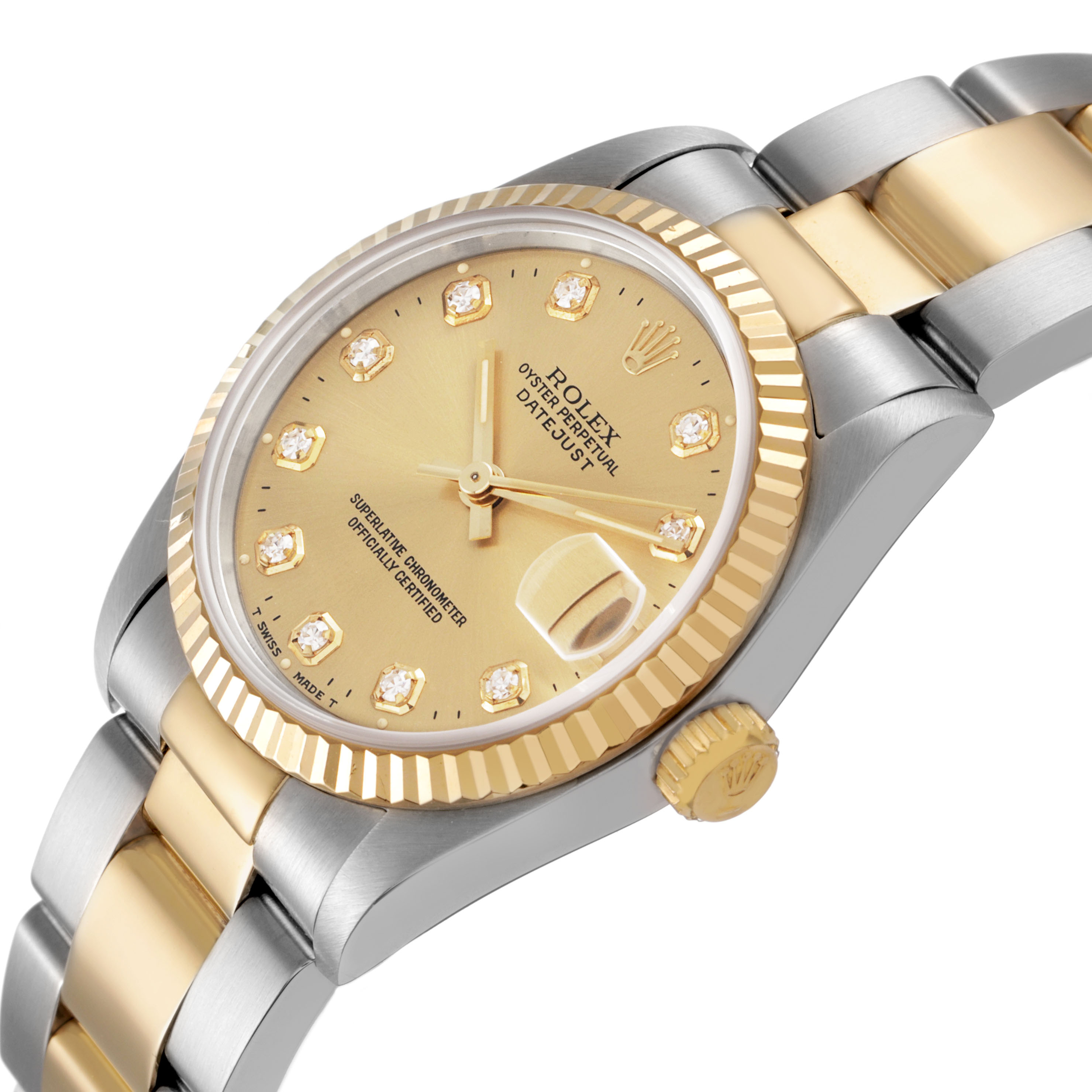 The Rolex Datejust 68273 Women's Stainless Steel Champagne Dial watch is shown at an angled side view, displaying the dial, bezel, crown, and part of the bracelet.