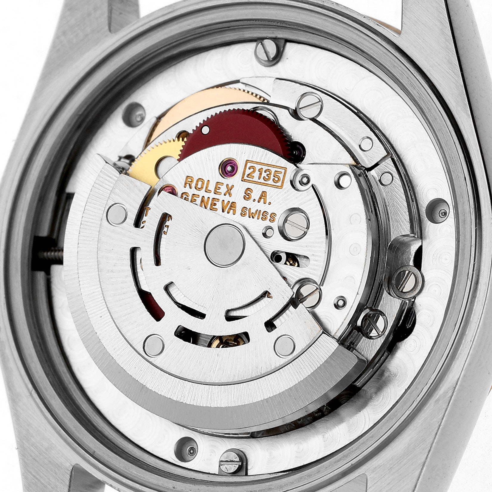 The image shows an internal view of the Rolex Datejust 68273 Women's Stainless Steel Champagne Dial movement, highlighting the mechanism from the back angle.