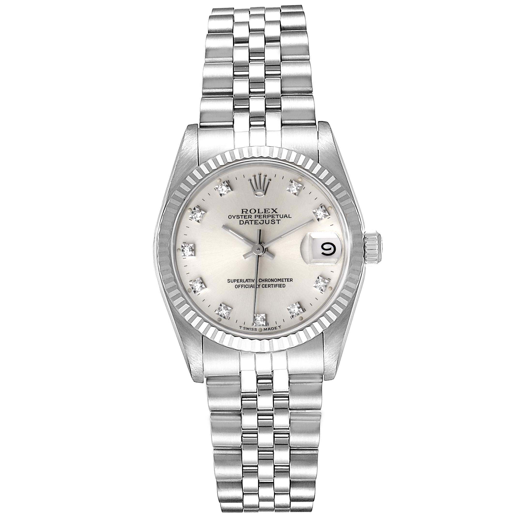 This is a front view of the Mid-Size Rolex Oyster Perpetual Datejust with bracelet and date display.